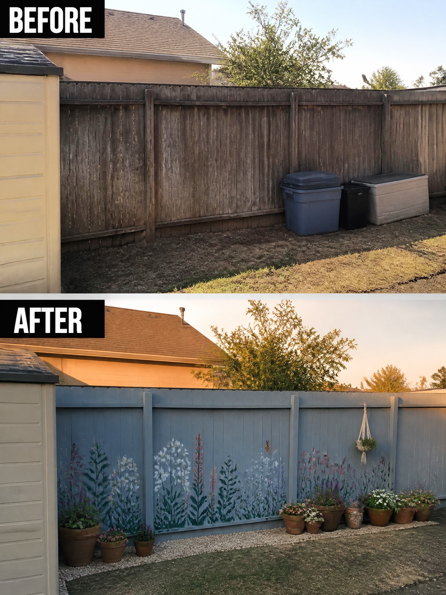 Before and after of backyard fence painted blue with floral murals and potted plants