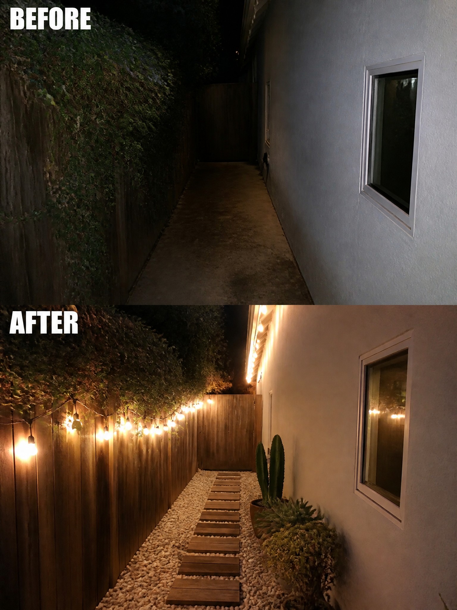 Before-and-after view of dark alley transformed with string lights, stepping stones and plants