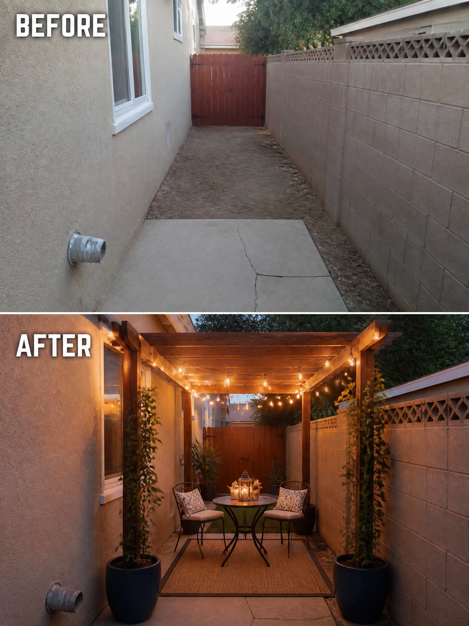 Before bare yard path and after with wooden pergola, string lights, table, chairs, and plants