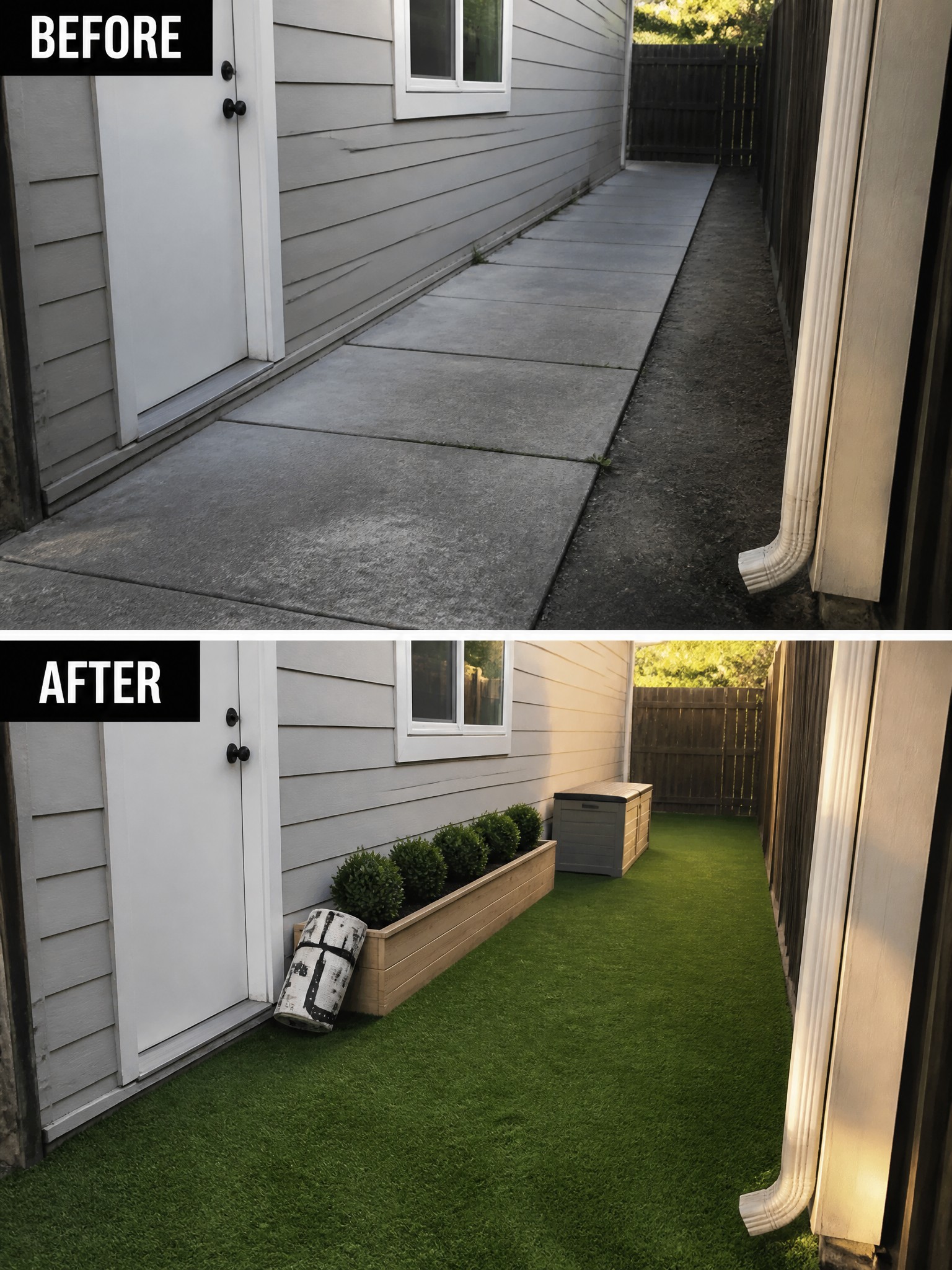 Before and after of narrow yard transformed from concrete to artificial turf with planter.