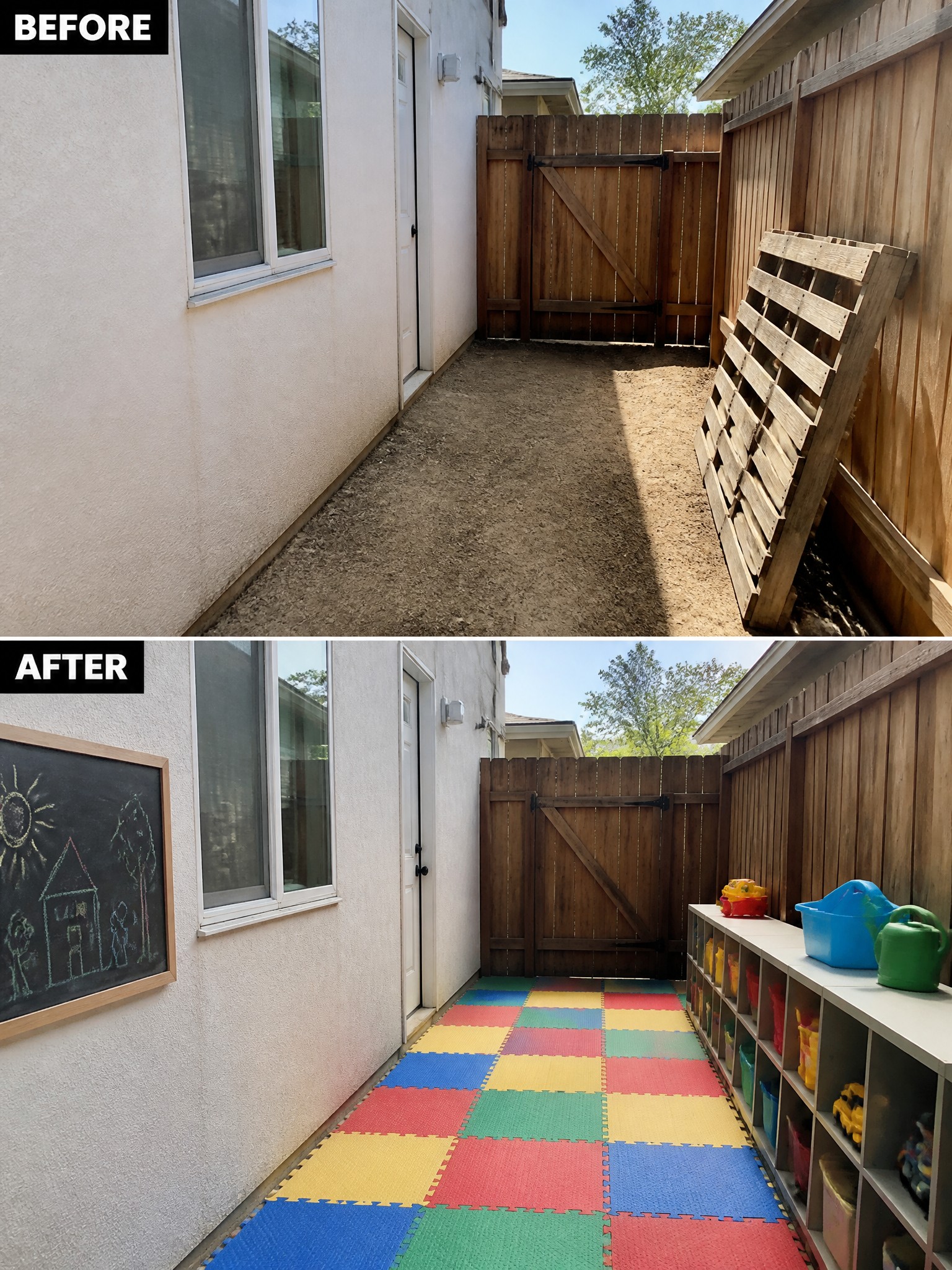 Before-and-after backyard transformation with colorful foam mats, chalkboard, and toy shelves.