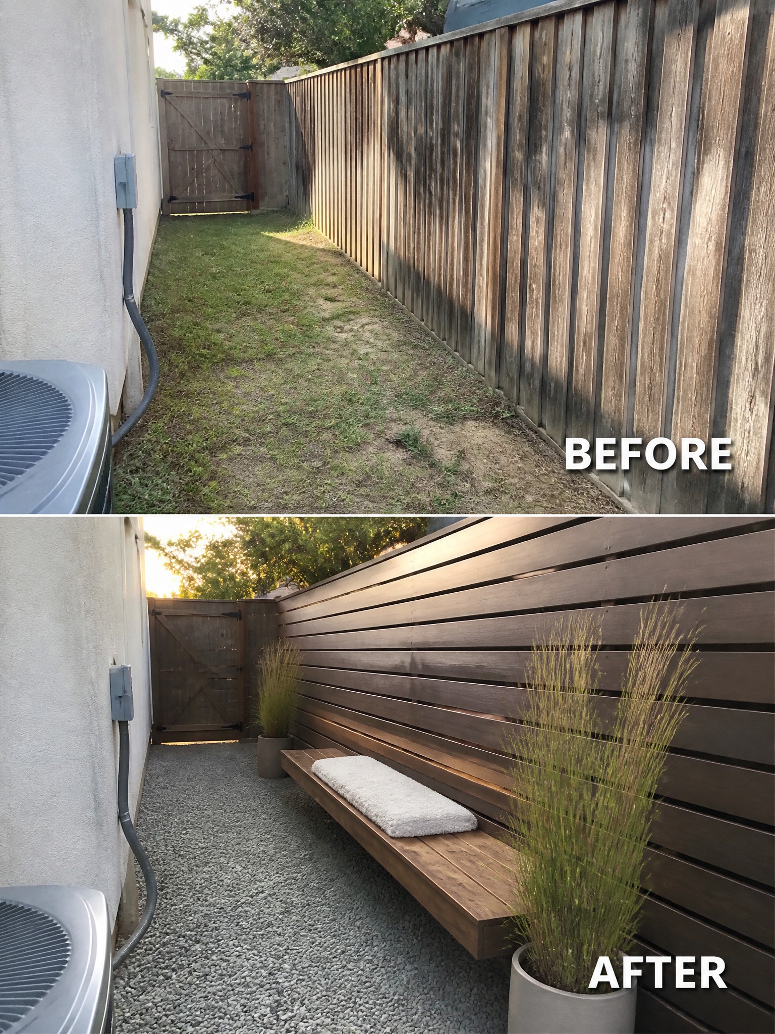 Before-and-after image of a weedy side yard changed into a gravel area with a wooden bench and potted grasses.