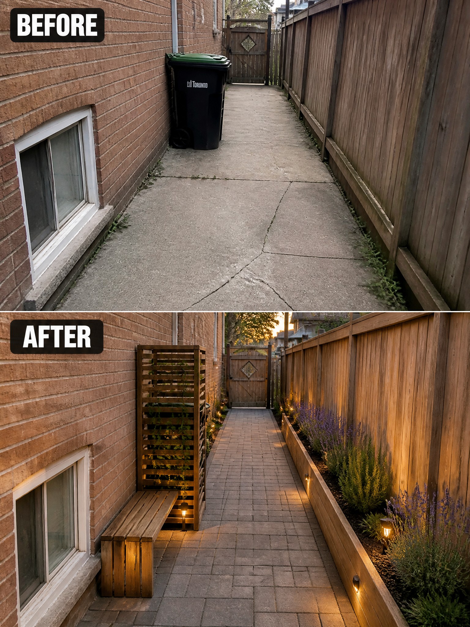 Before and after alley renovation with brick path, bench, planters, and lights