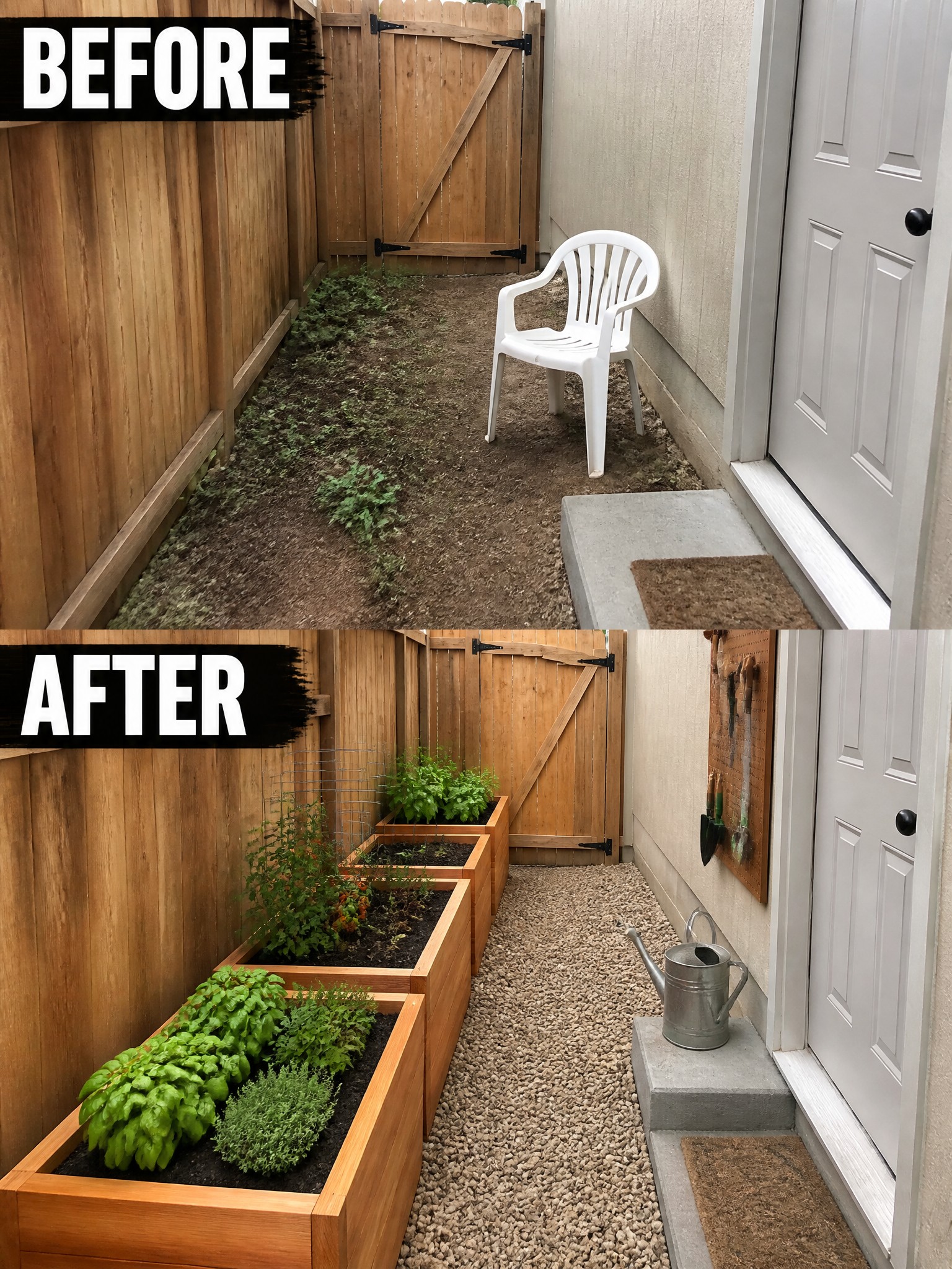 Before-and-after image of a weedy dirt side yard changed into a clean gravel path lined with raised wooden garden beds filled with vegetables and herbs.