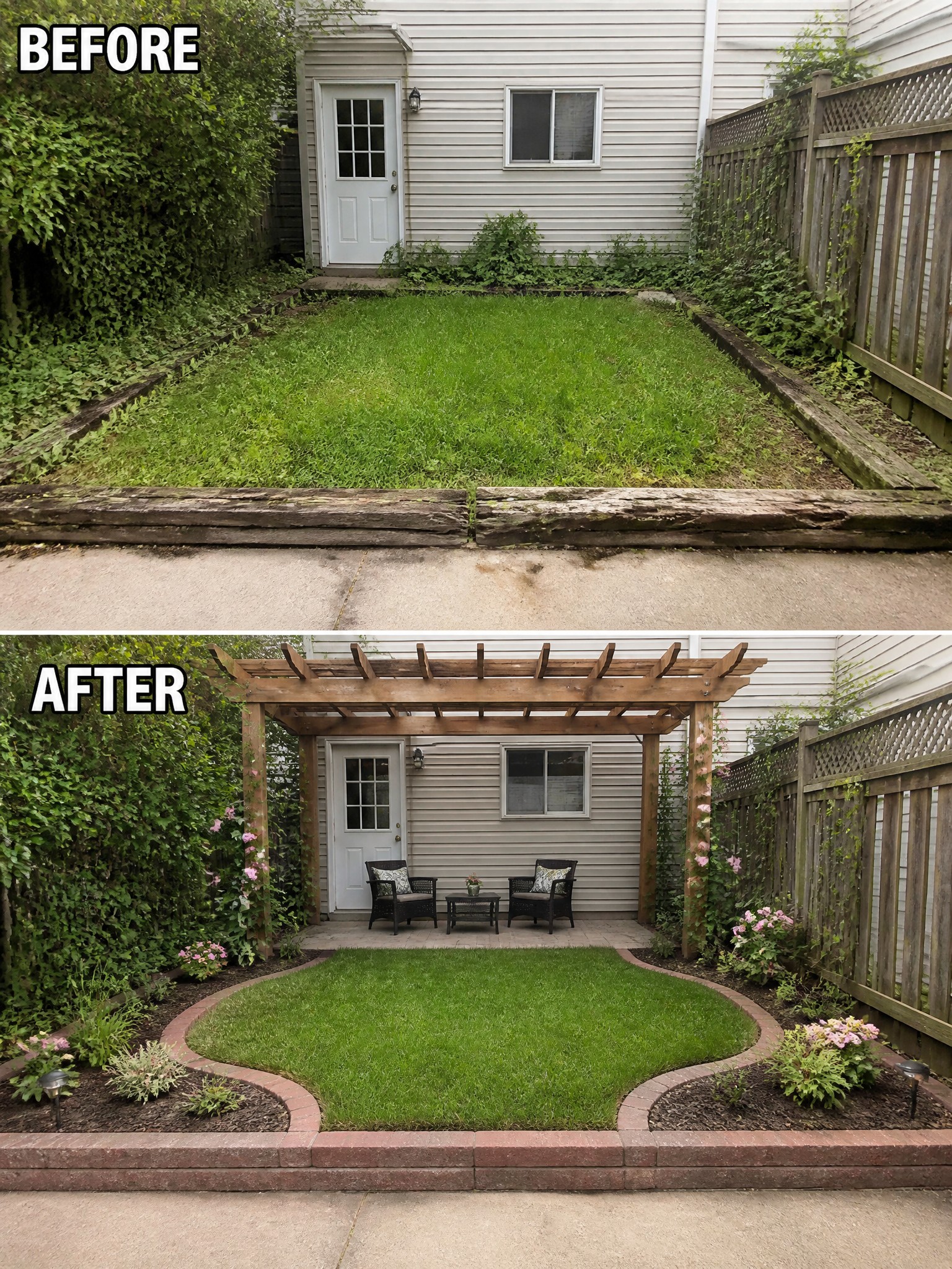 Before and after backyard with pergola, patio seating, and landscaped flower beds.