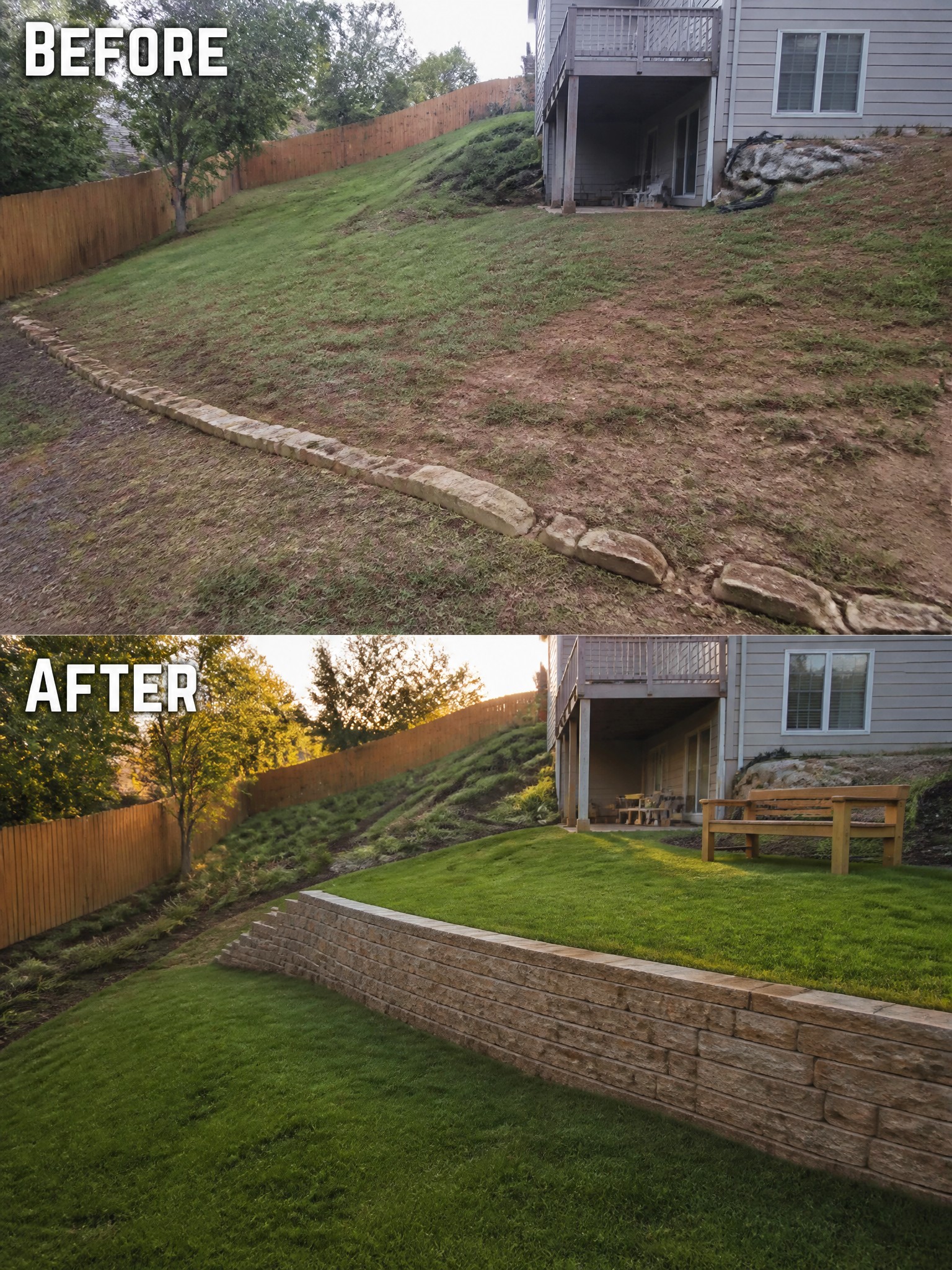 Before-and-after image of a sloped backyard changed into a flat lawn with a stacked stone retaining wall.