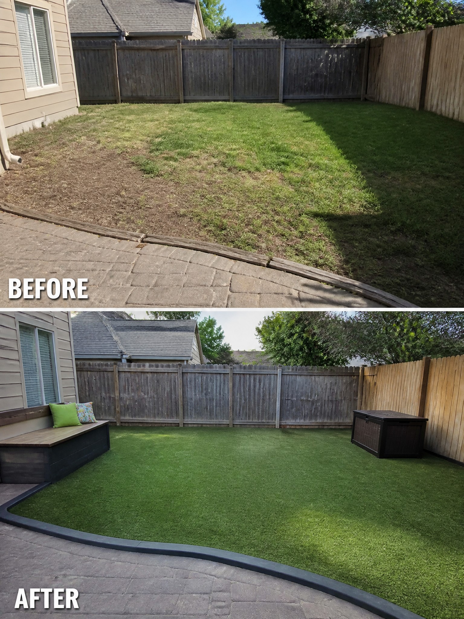 Before-and-after image of a patchy backyard lawn changed into a neat turf space with defined edging along the paver patio.