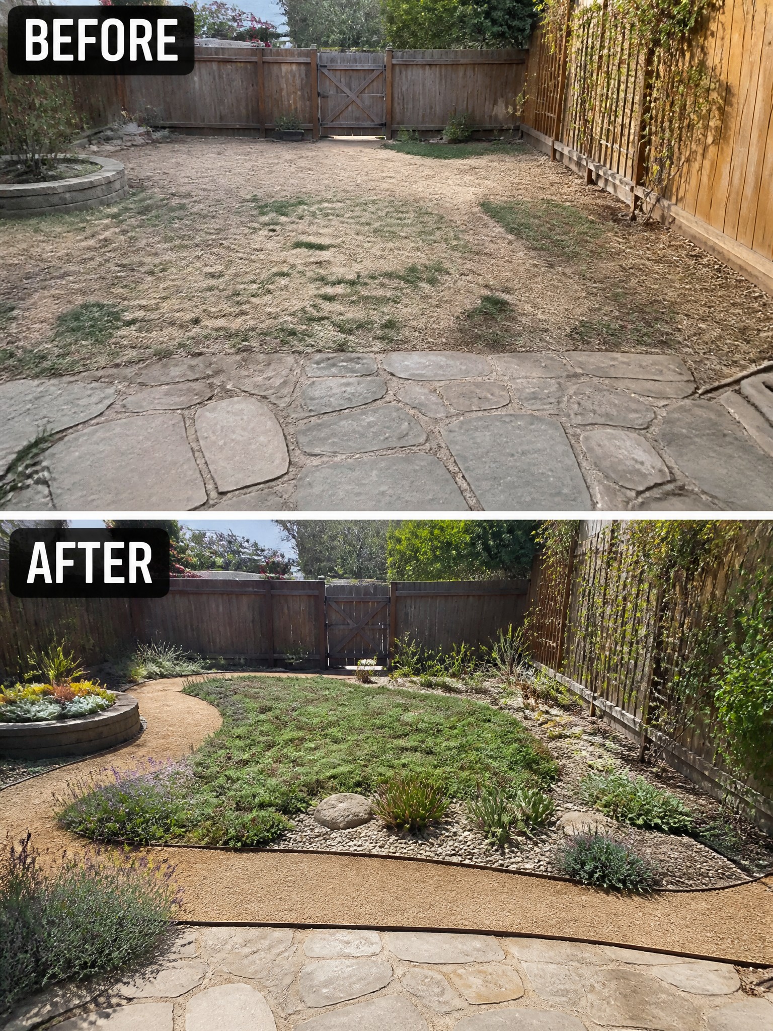 Before and after of backyard transformed from dry dirt to lush garden.