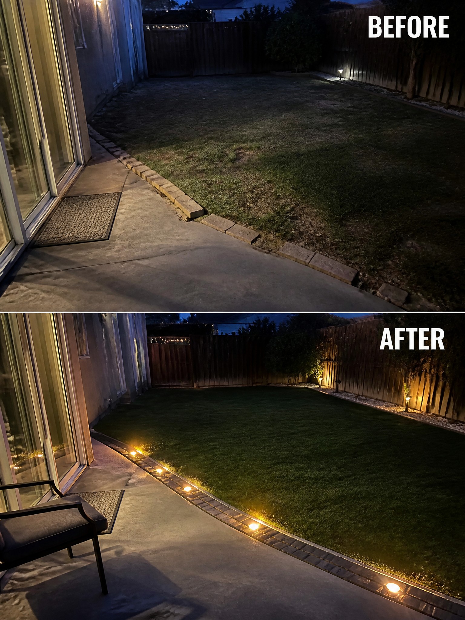 Before and after backyard at night with added glowing pathway and fence lights.