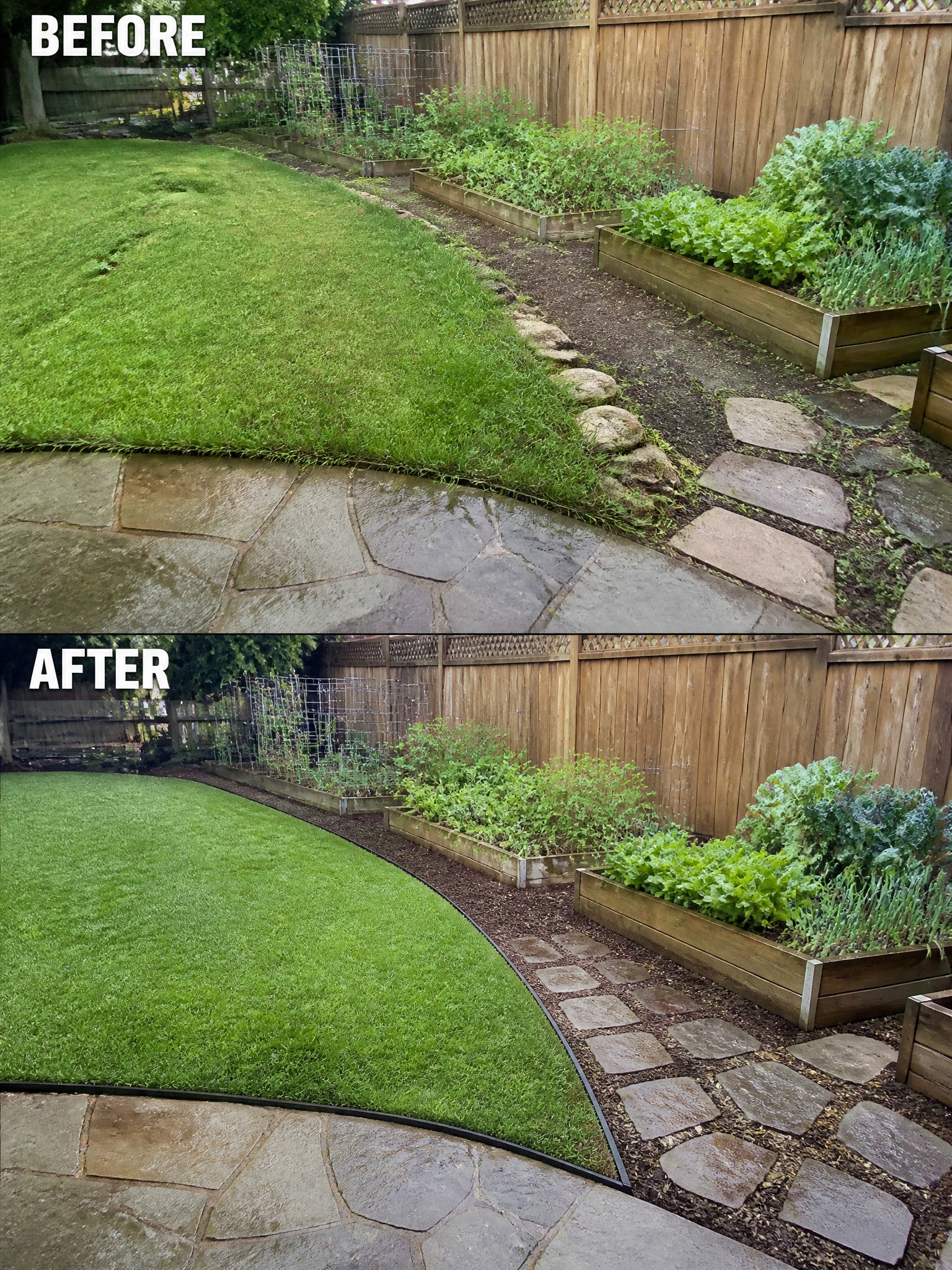 Before and after backyard with curved lawn, raised beds, stone path and fence