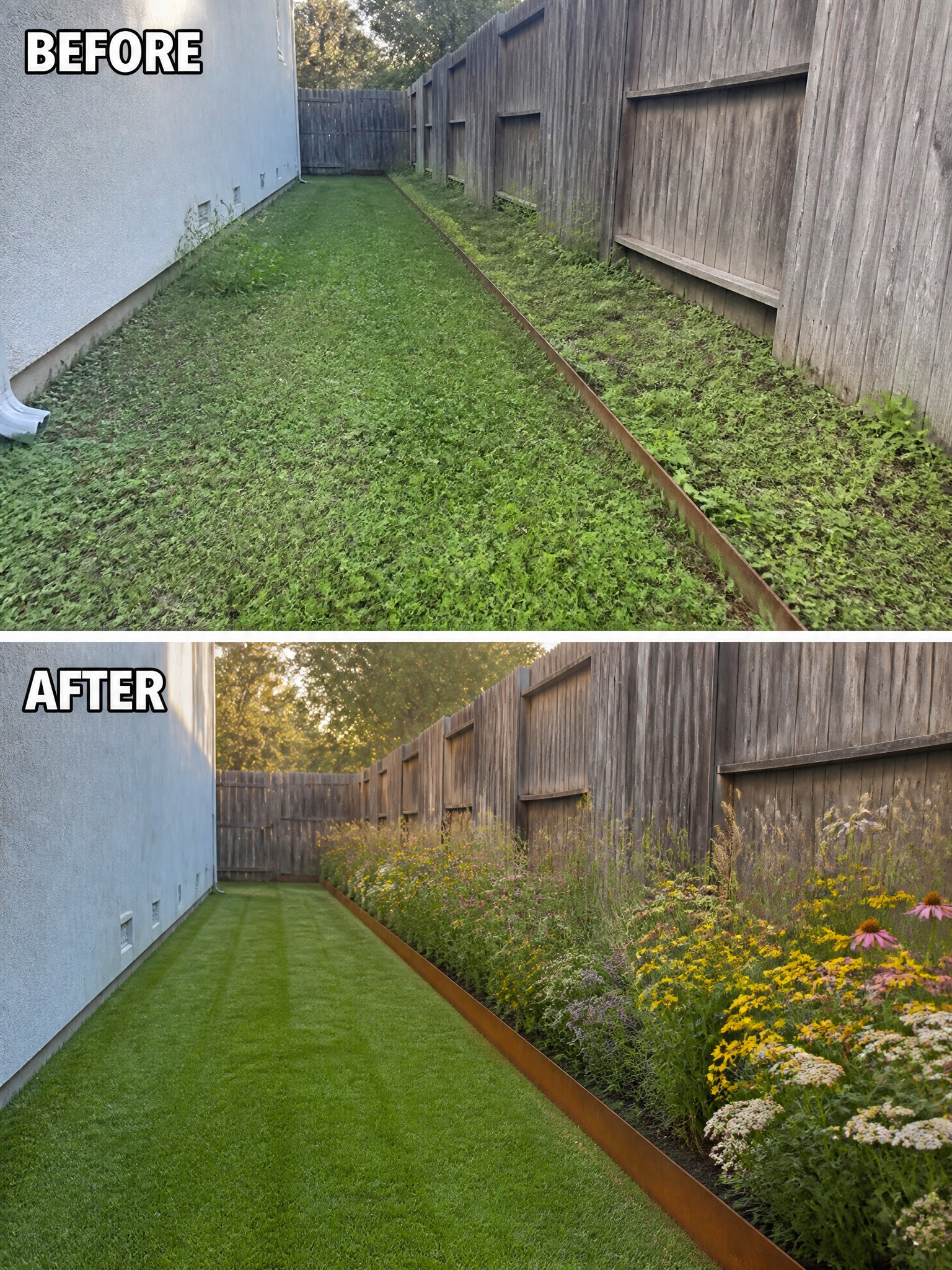 Before-and-after garden transformation from overgrown weeds to colorful flower bed.