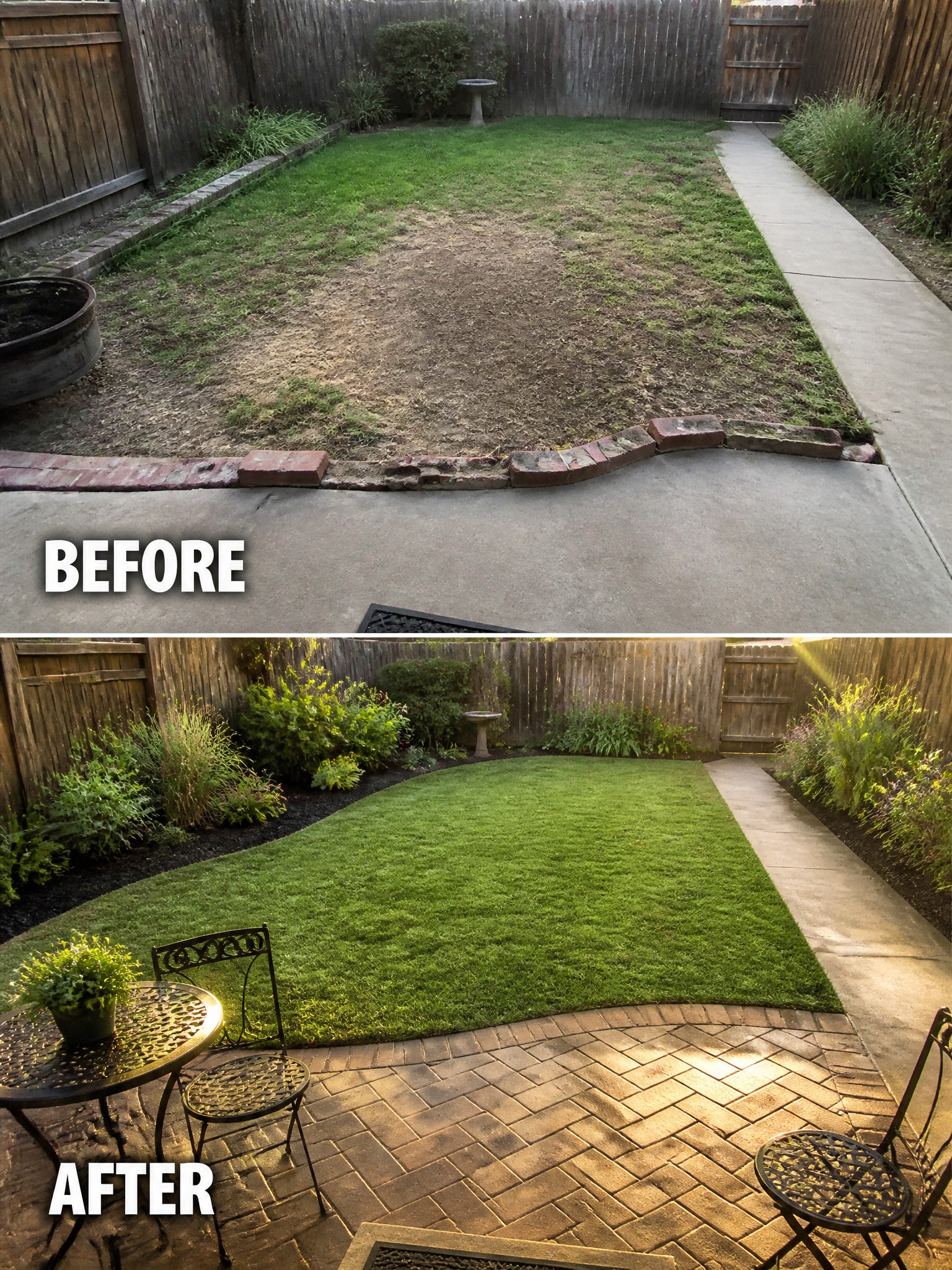 Before and after backyard transformation from patchy grass to lush lawn with brick patio