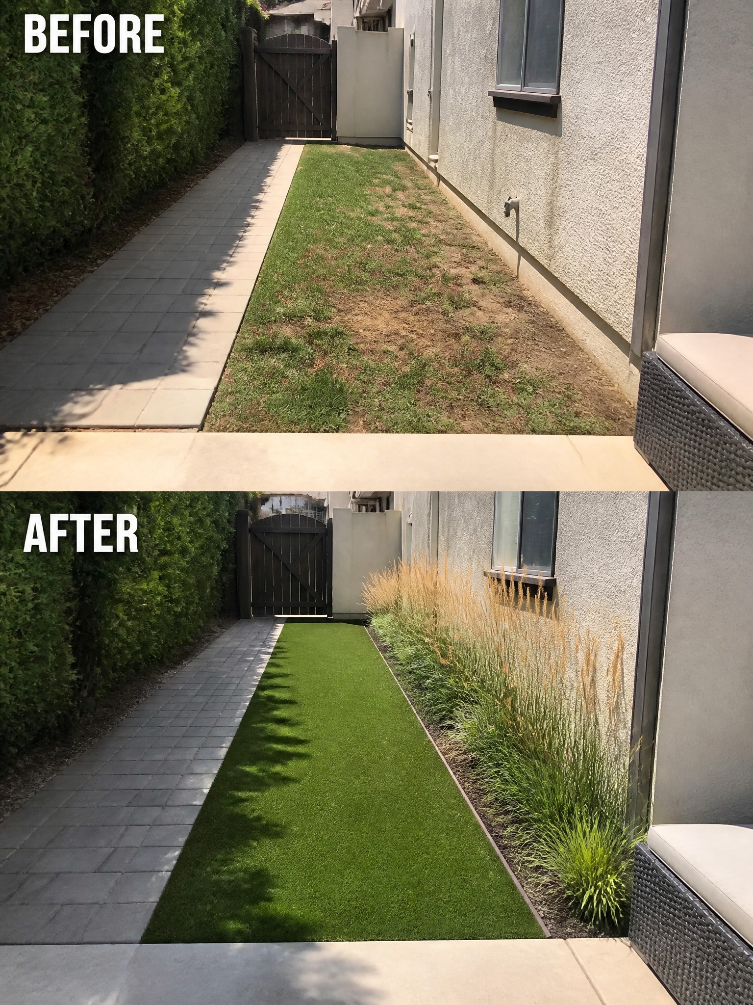 Before and after of narrow yard with artificial turf and new landscaping