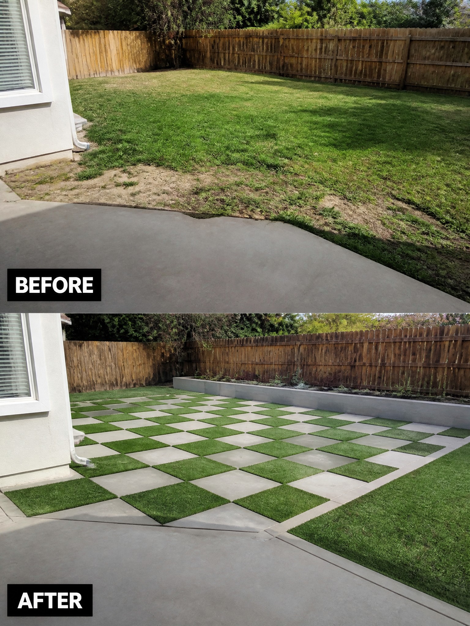 Before-and-after image of a backyard lawn beside concrete changed into a patio with alternating squares of turf and pavers plus a raised concrete planter.