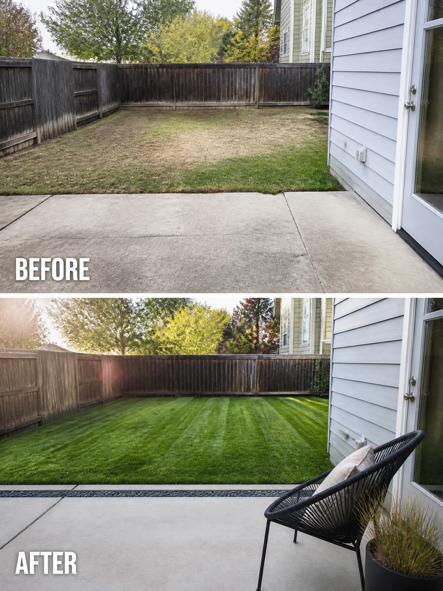 Before and after backyard: patchy dry lawn transformed into lush striped grass with patio chair.