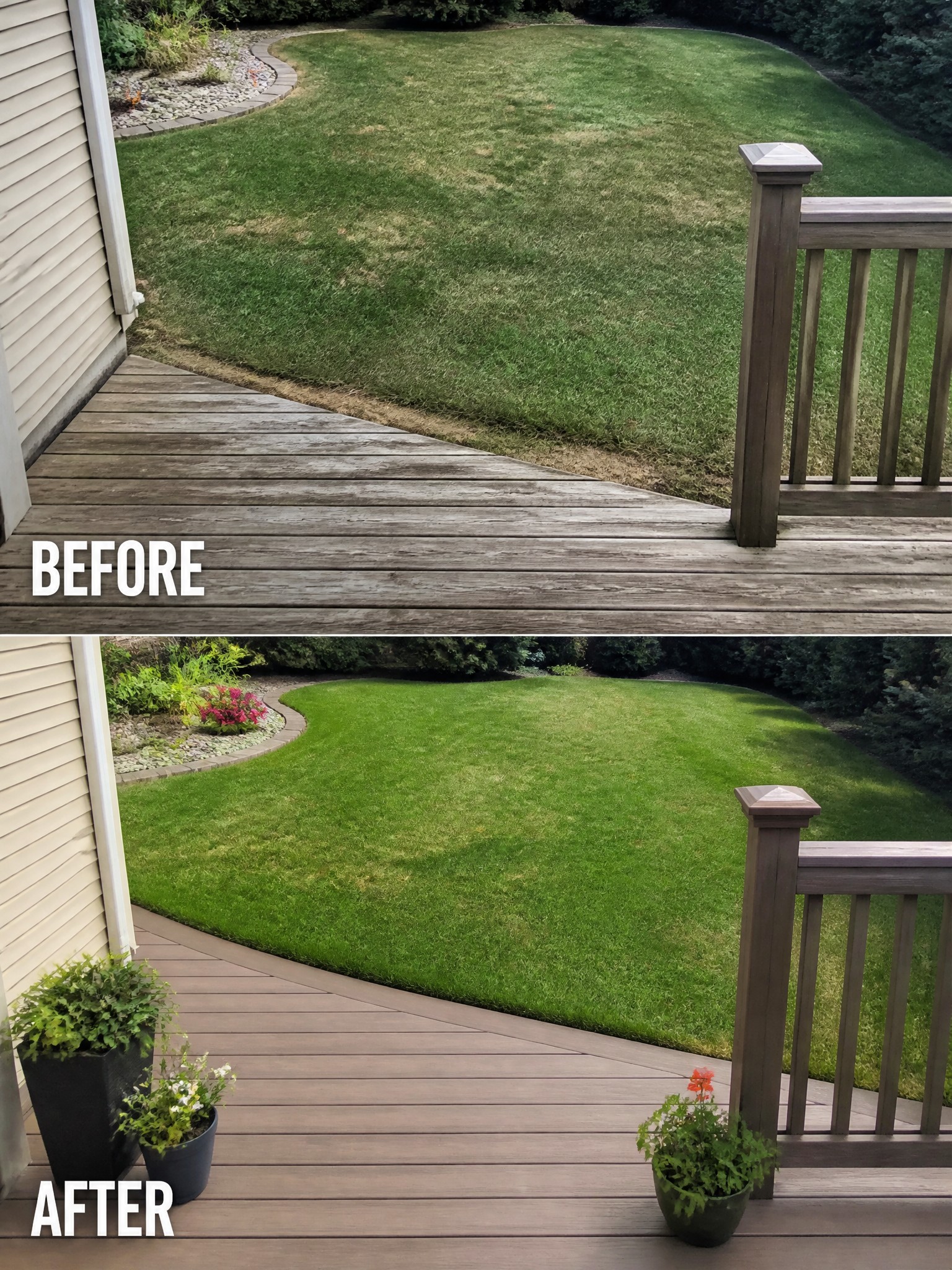 Before and after of weathered gray deck refinished brown with added potted plants