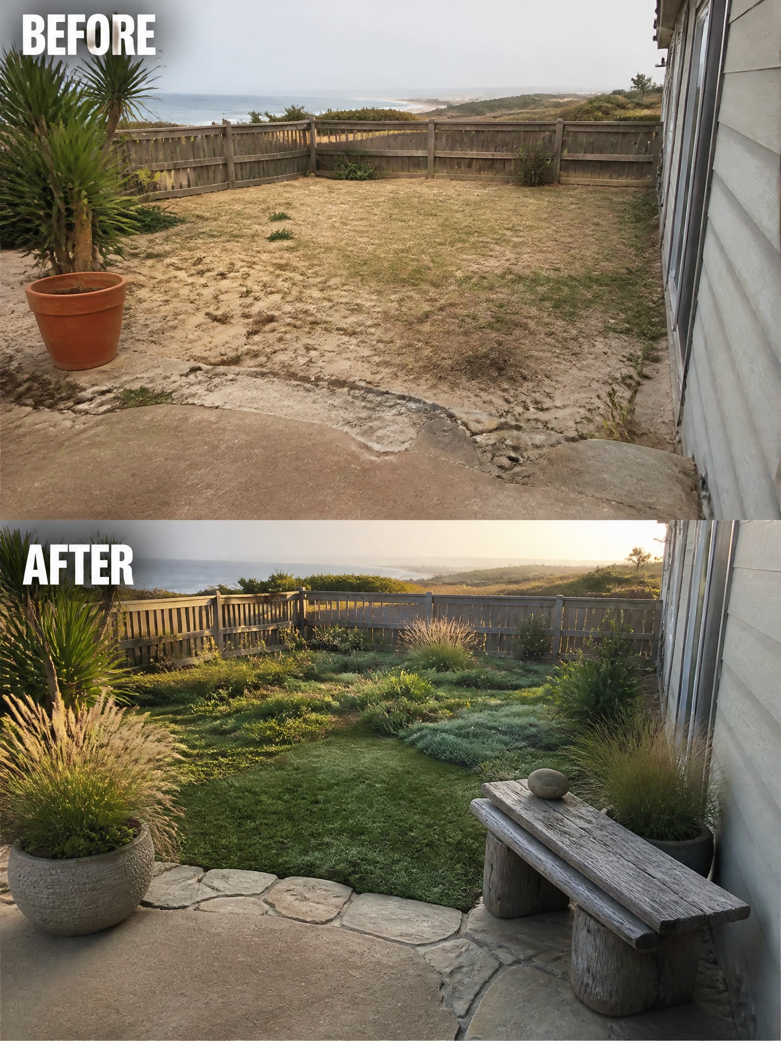 Before and after of coastal yard transformed from sandy dirt to lush garden with bench