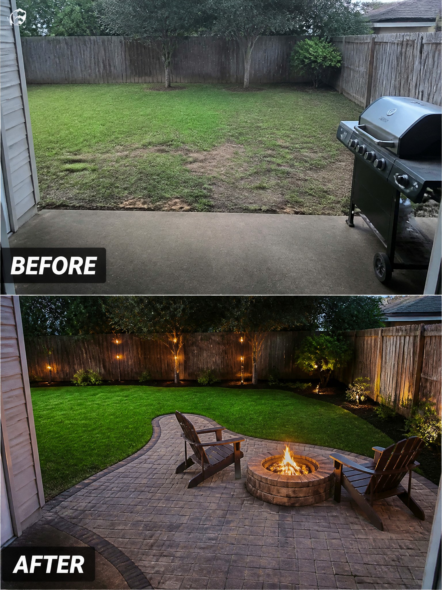 Before-and-after image of a backyard patio changed from bare concrete to a paved seating area with a fire pit and chairs.