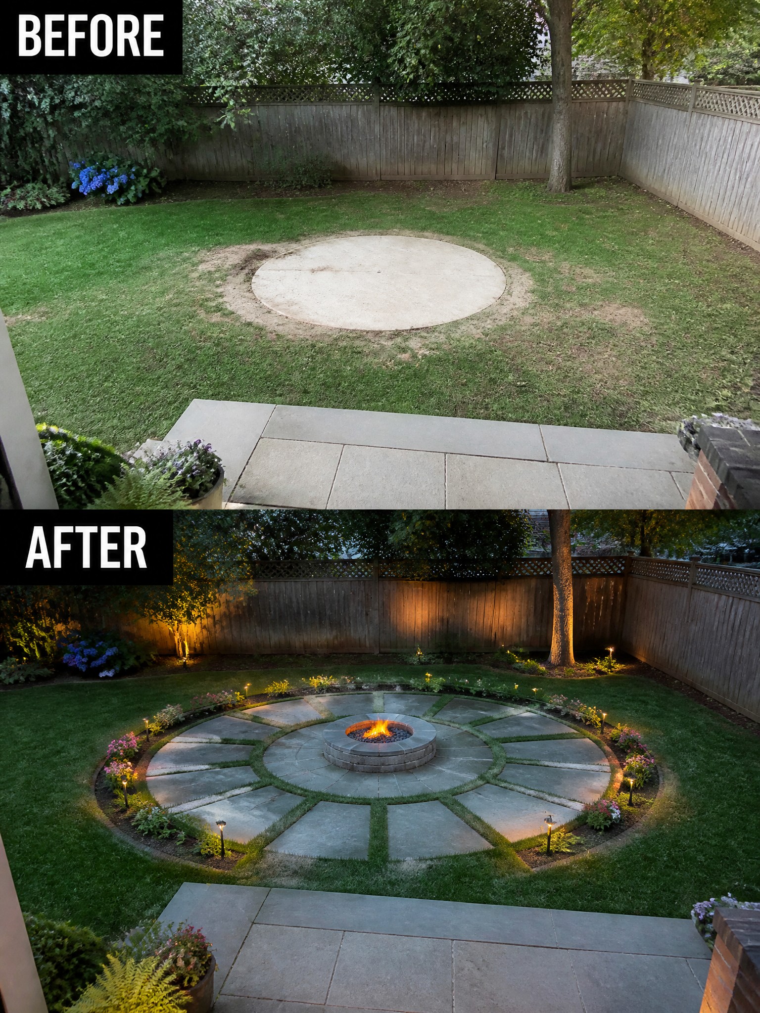 Before and after backyard with circular fire pit patio, lights and flowers