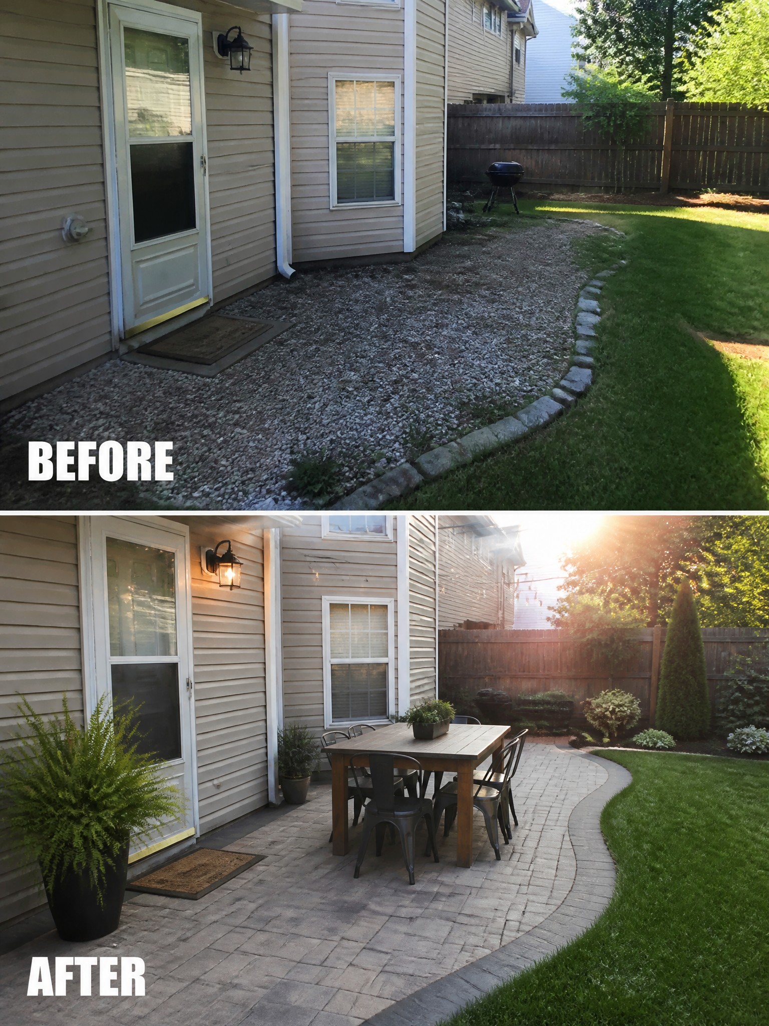 Before gravel path and after paved patio with table, chairs, and plants.