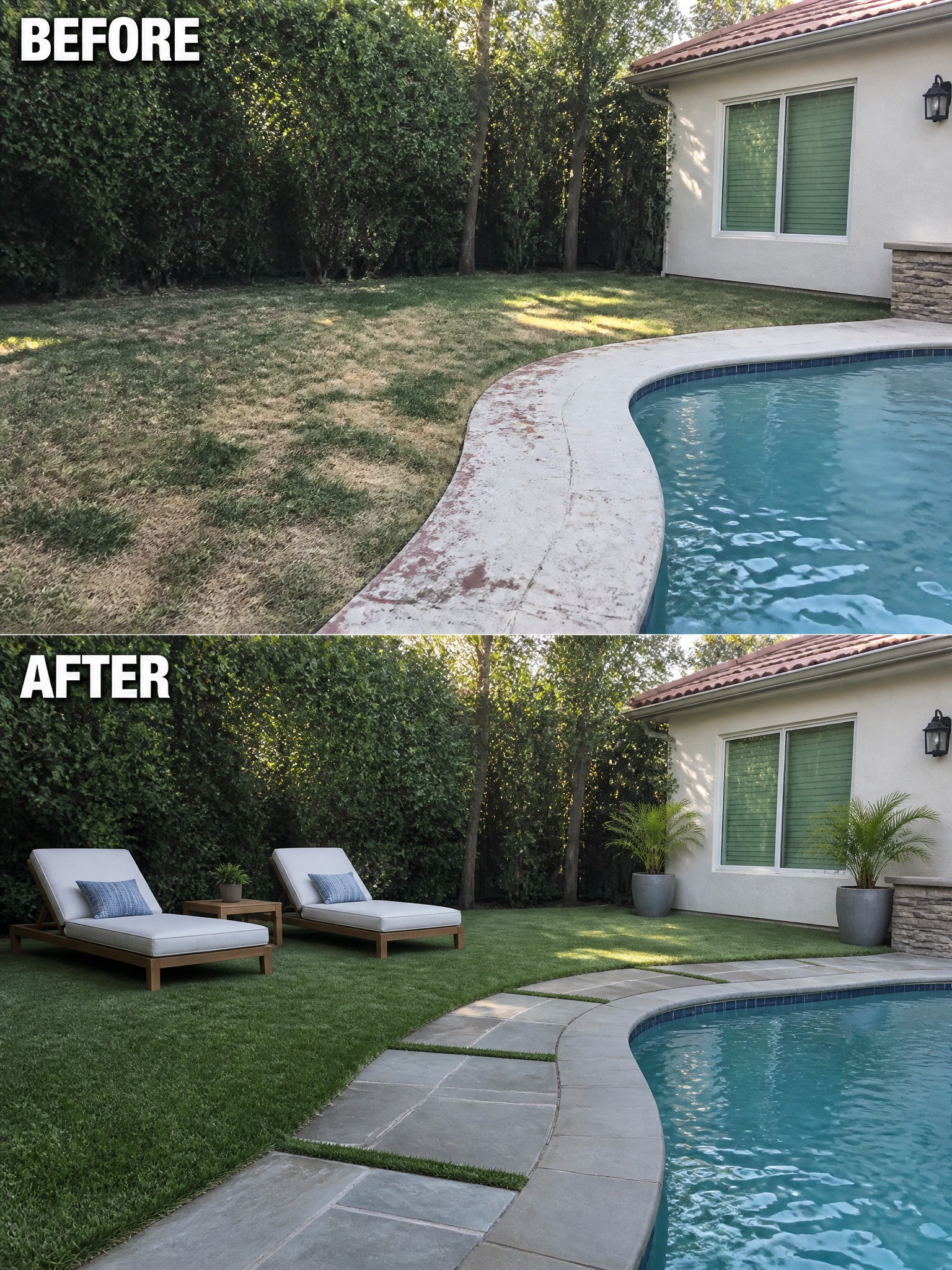 Before and after backyard pool renovation with new lawn, path and lounge chairs.