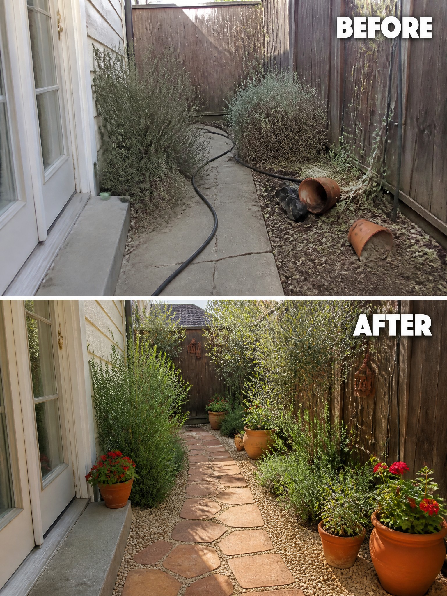 Before and after of overgrown garden path transformed with potted flowers and stone walkway.