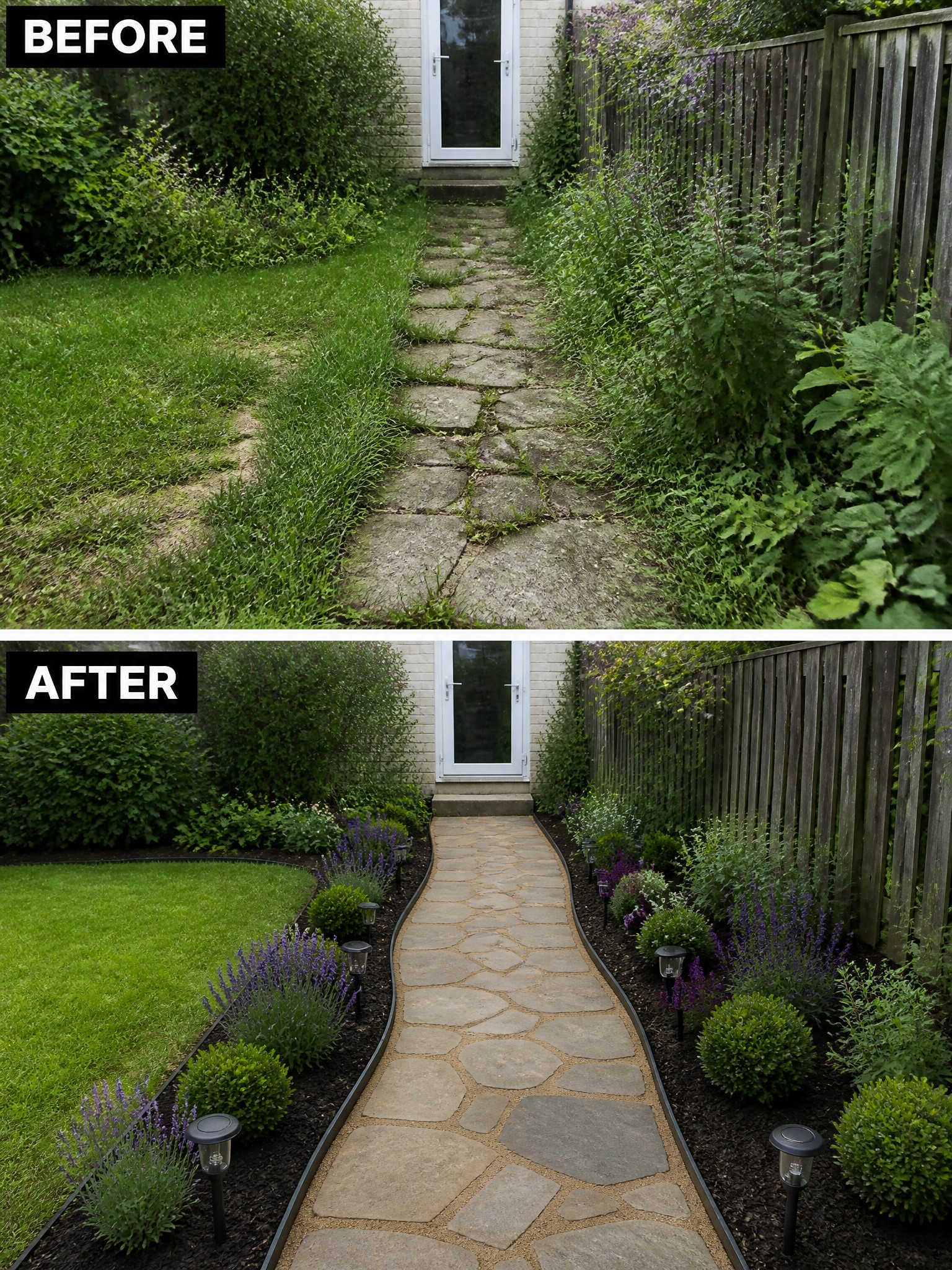 Before-and-after image of an overgrown garden path transformed into a clean walkway lined with edged beds, mulch, and organized planting.