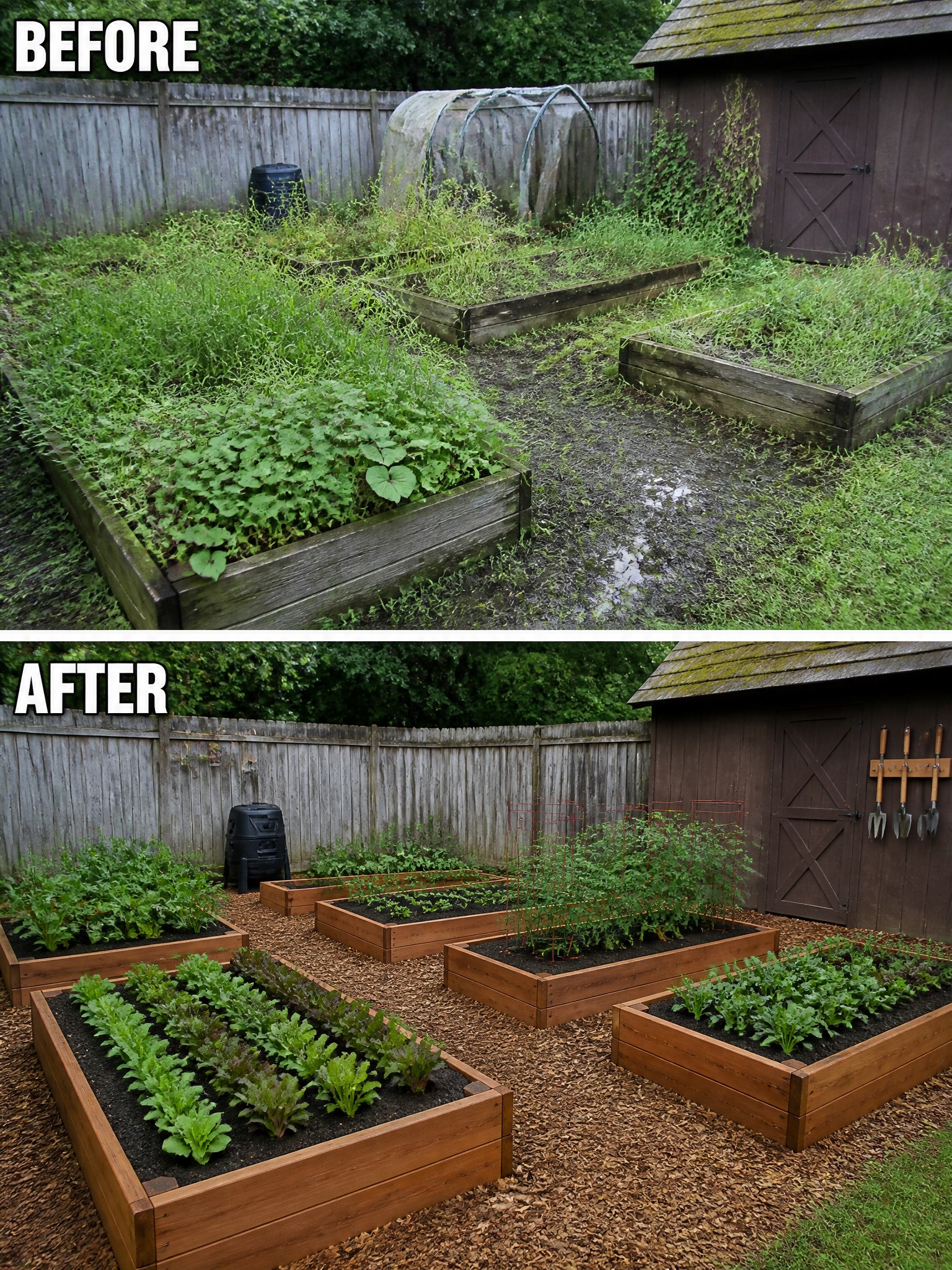 Before and after of overgrown garden transformed into neat raised vegetable beds with mulch.