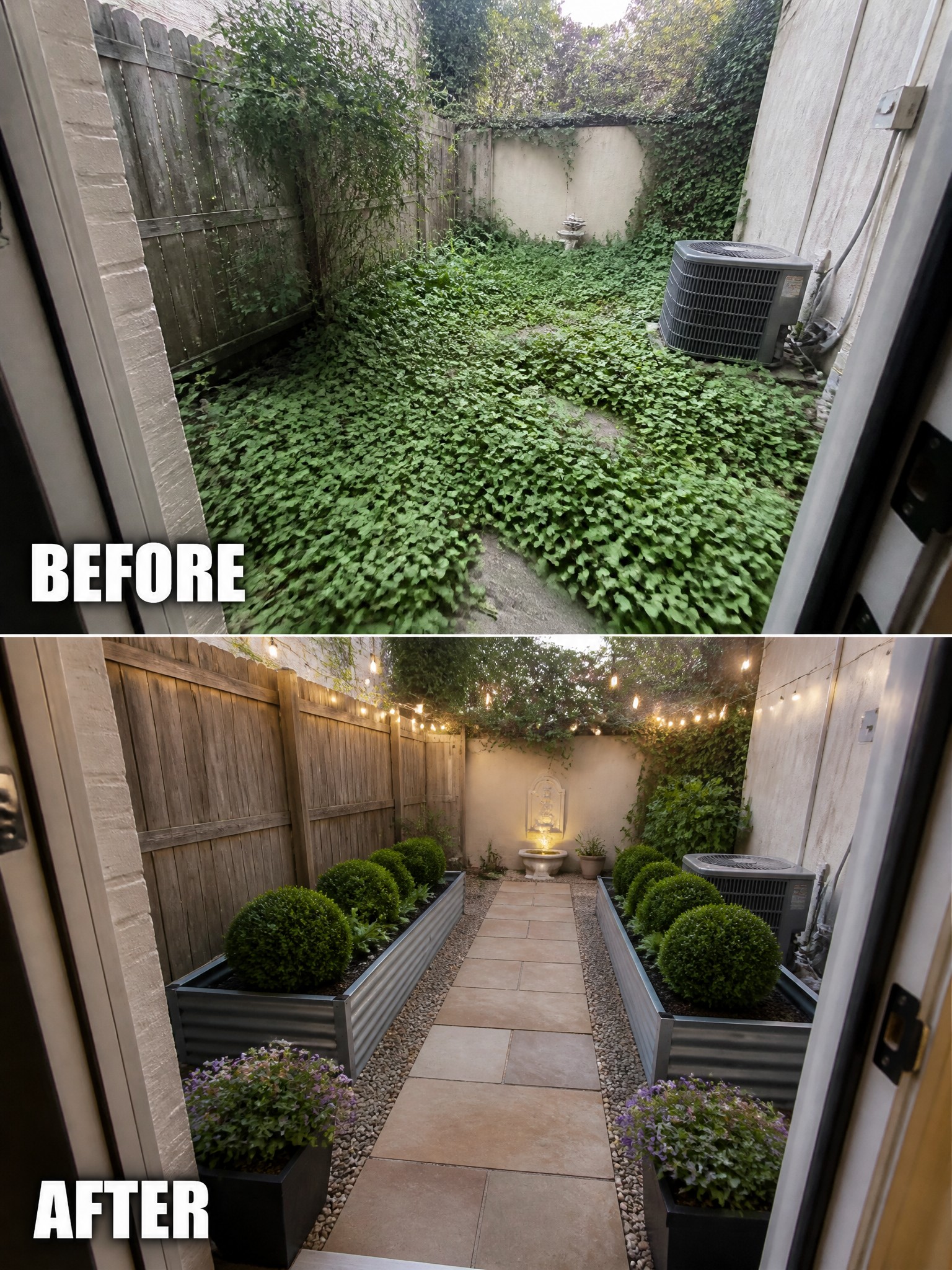 Before and after of overgrown ivy courtyard transformed into tidy garden with path and lights