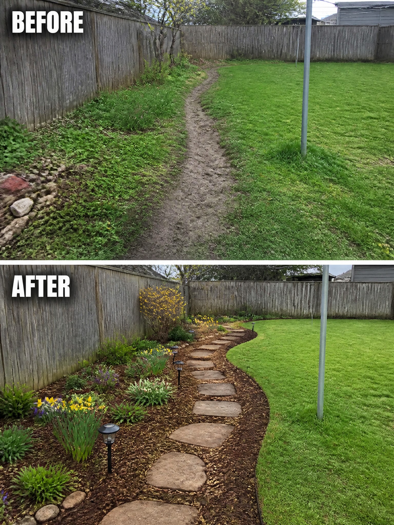 Before and after backyard path: dirt trail transformed into stone walkway with flower beds