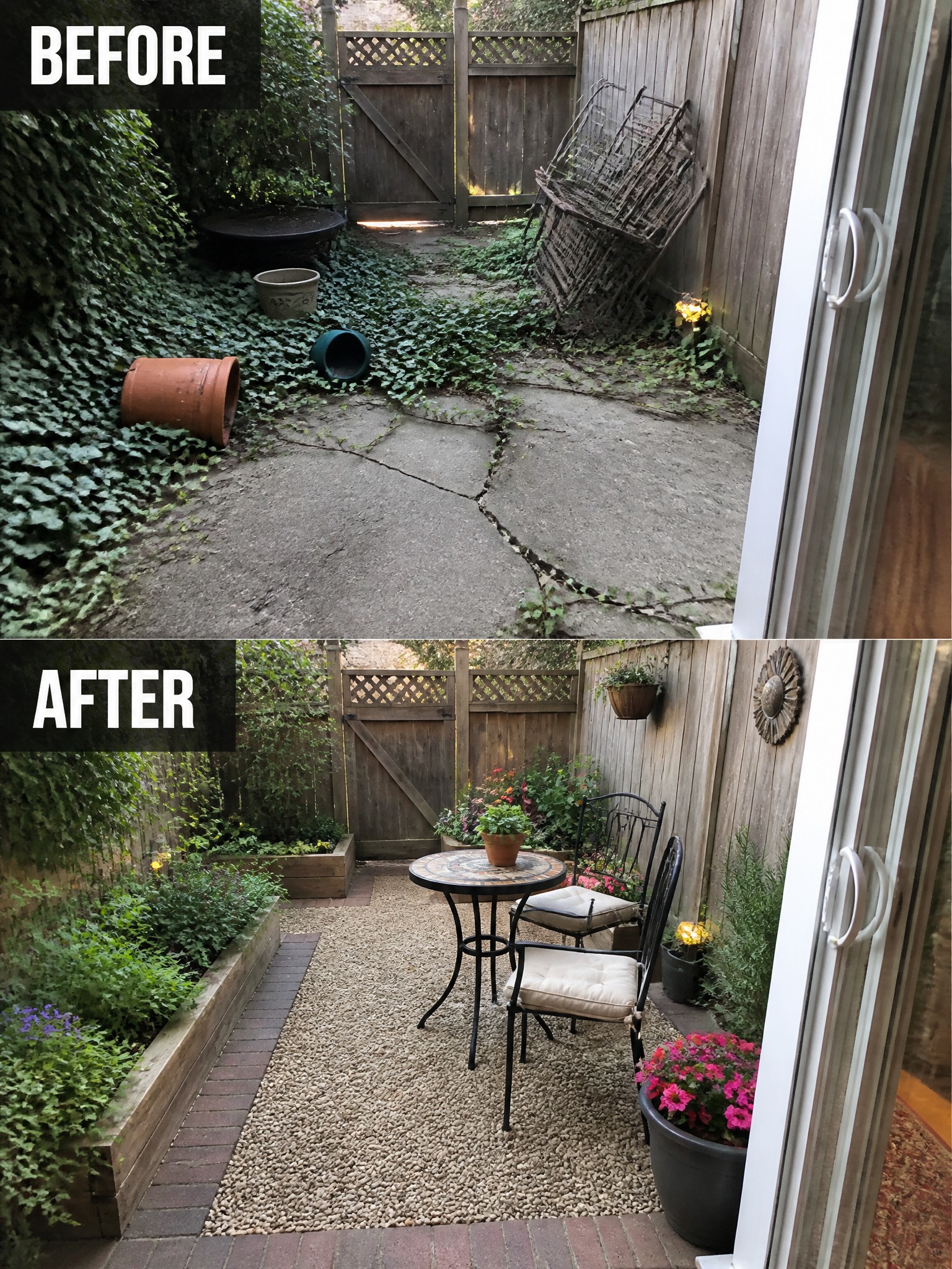 Before-and-after image of an overgrown backyard with cracked concrete and ivy changed into a gravel patio with raised garden beds and seating.