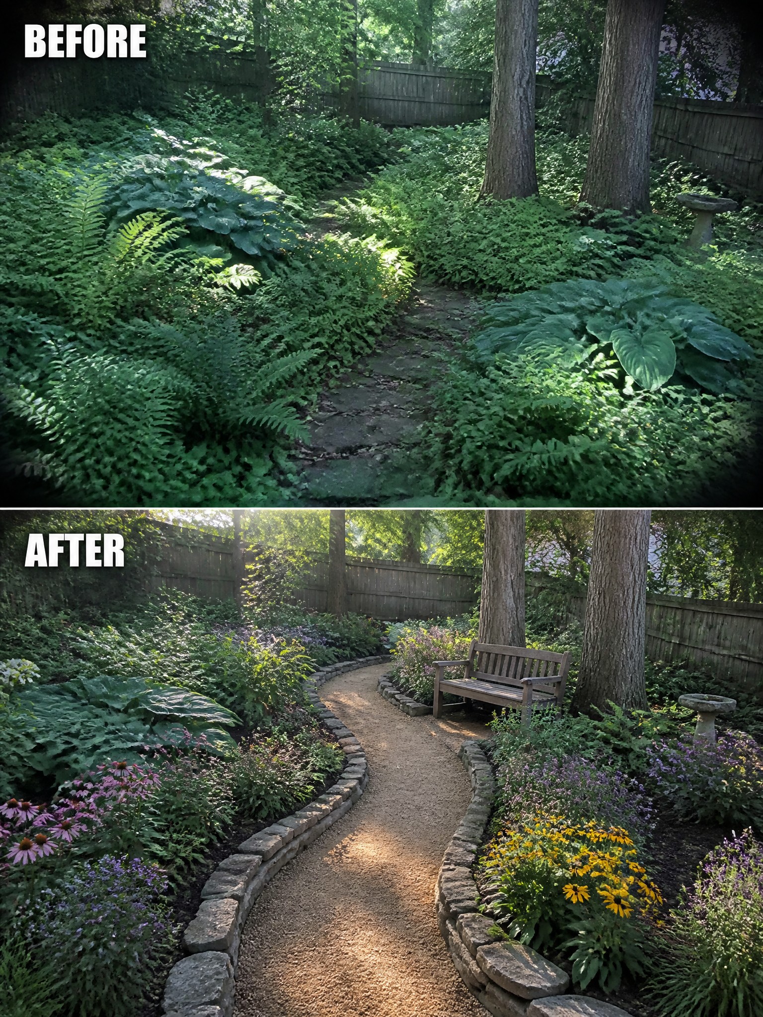 Before-and-after image of an overgrown garden path changed into a defined gravel walkway with stone-edged flower beds.