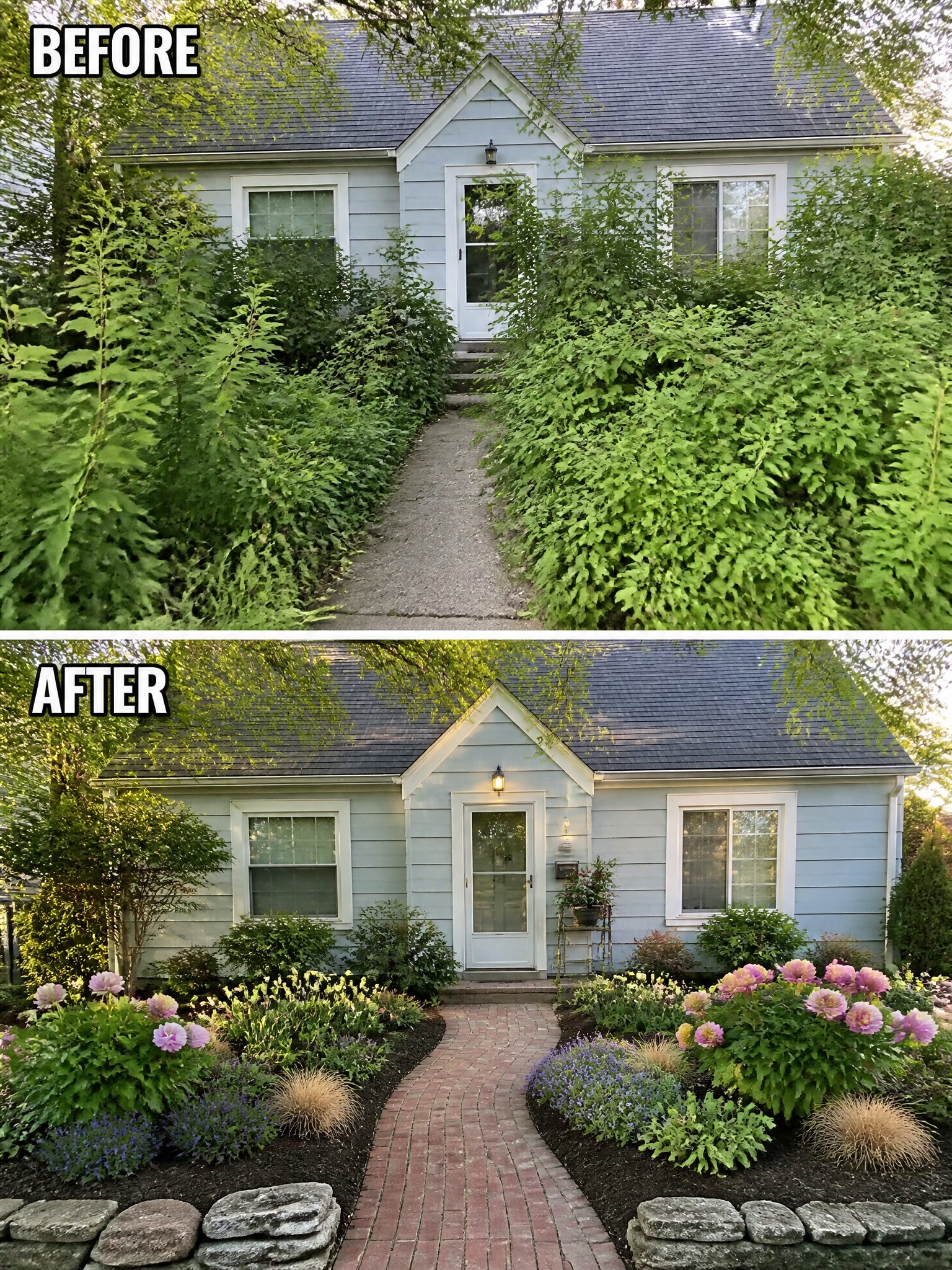 Before and after of a house with overgrown bushes transformed into a colorful landscaped garden.