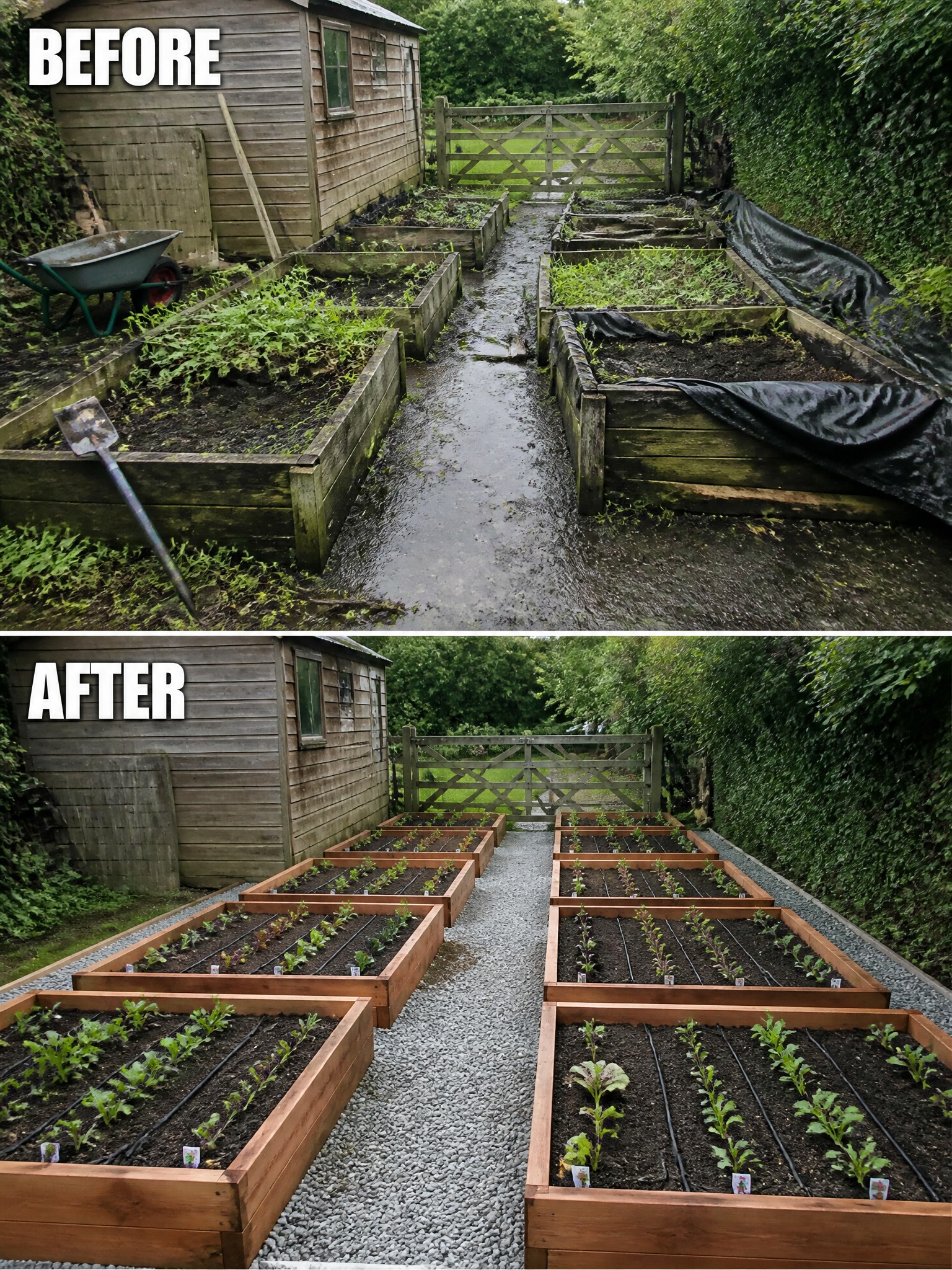 Before and after of overgrown garden beds transformed into neat raised vegetable plots.