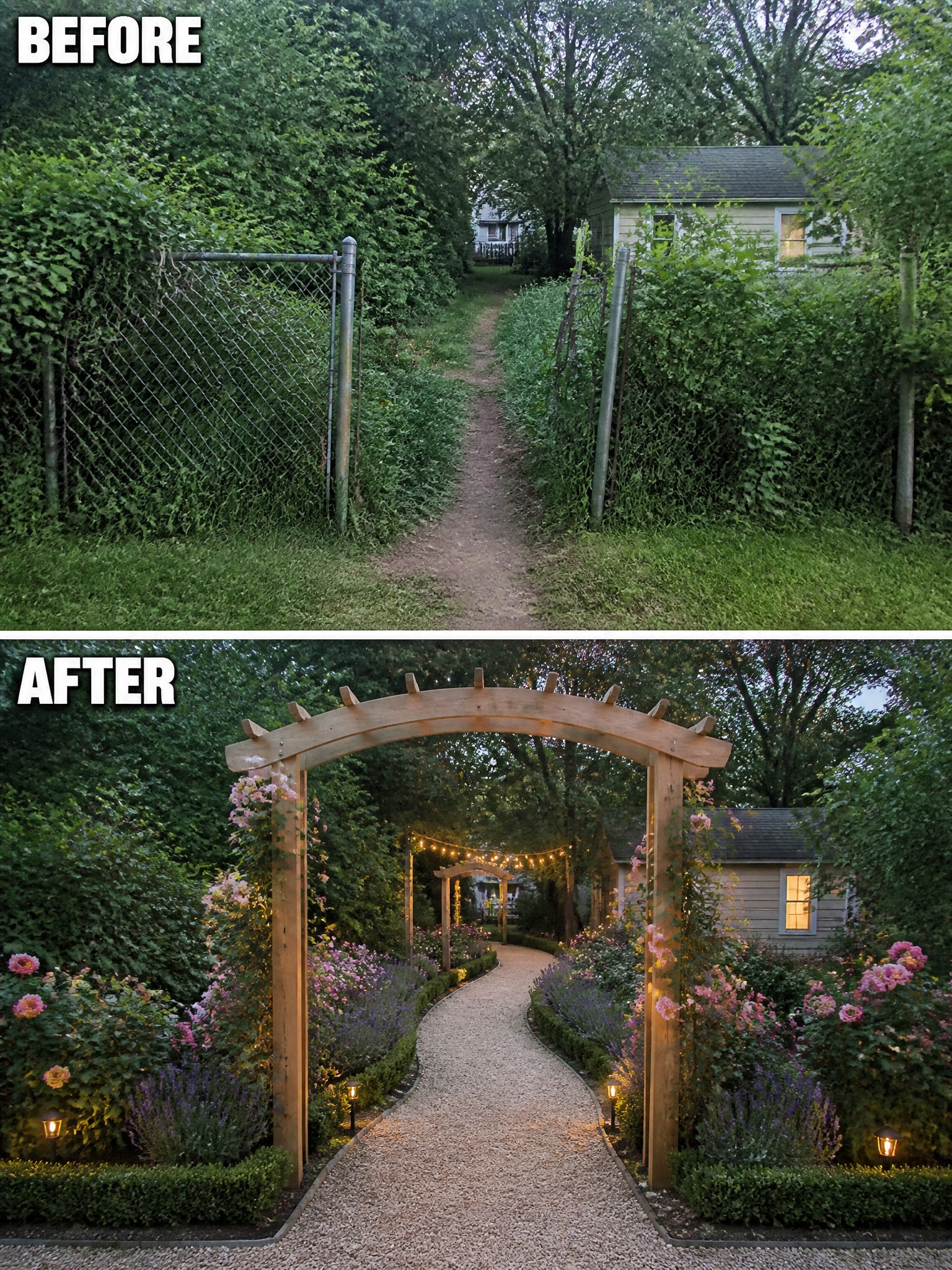 Before-and-after image of an overgrown garden path with chain link fence changed into a structured gravel walkway lined with wooden arches, flower beds, and lighting.