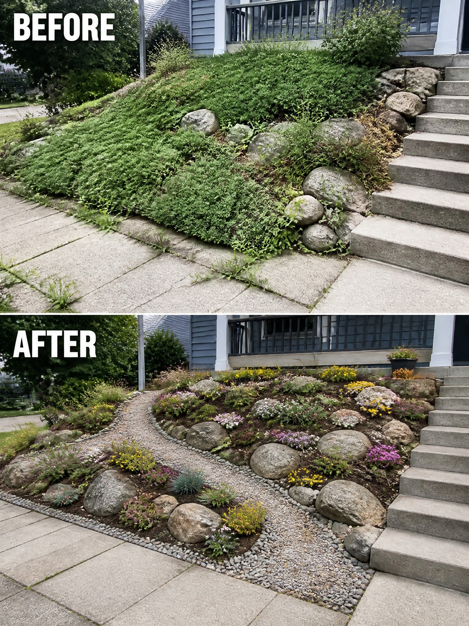 Before and after of overgrown hillside garden transformed into colorful flower bed with rocks and gravel.
