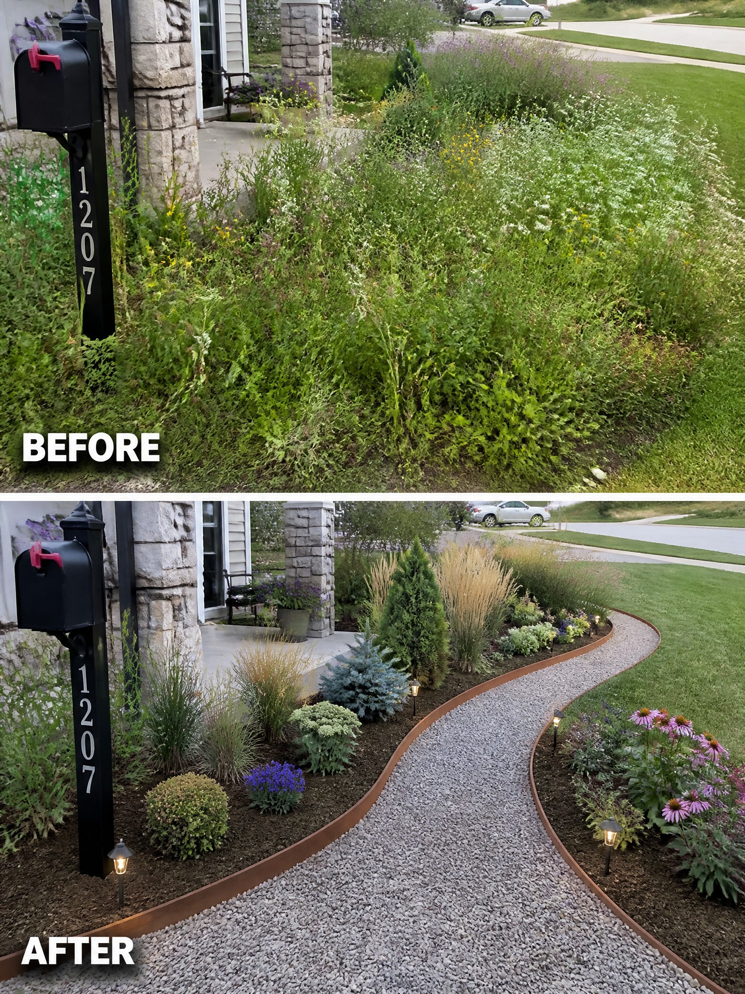 Before-and-after image of an overgrown garden bed transformed into a landscaped area with a gravel path, curved edging, and organized plantings.