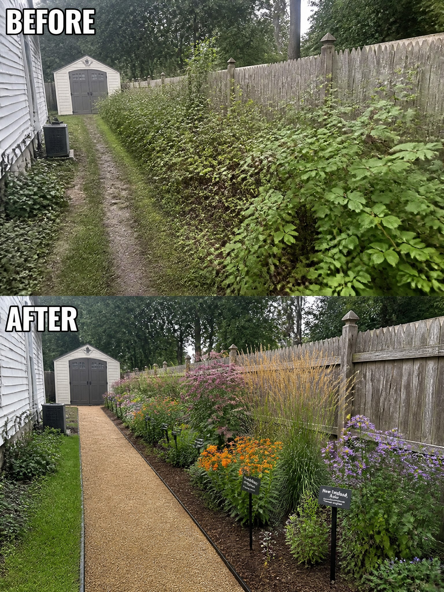 Before-and-after garden path: overgrown weeds transformed into colorful flower beds with labels.