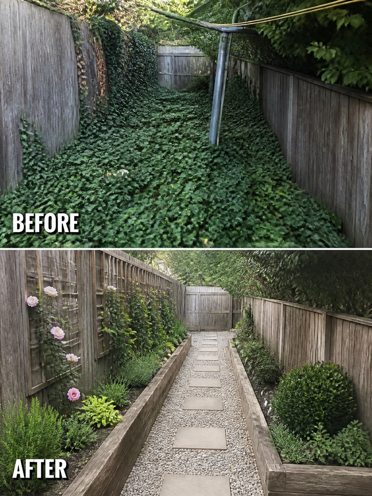 Before-and-after image of an overgrown narrow garden path cleared and updated with raised wooden beds, gravel, and stepping stones.