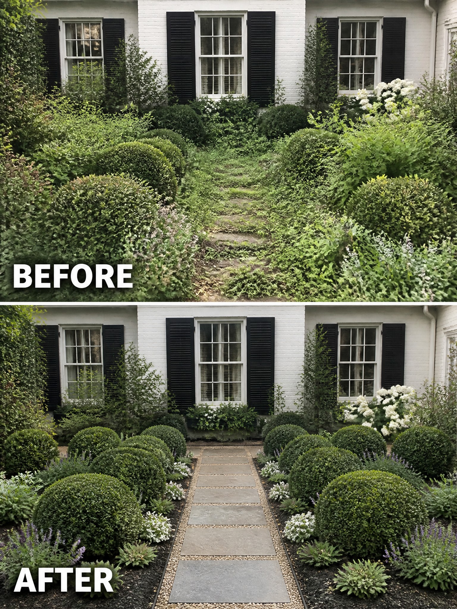 Before and after of overgrown garden transformed into manicured yard with stone path and shrubs.