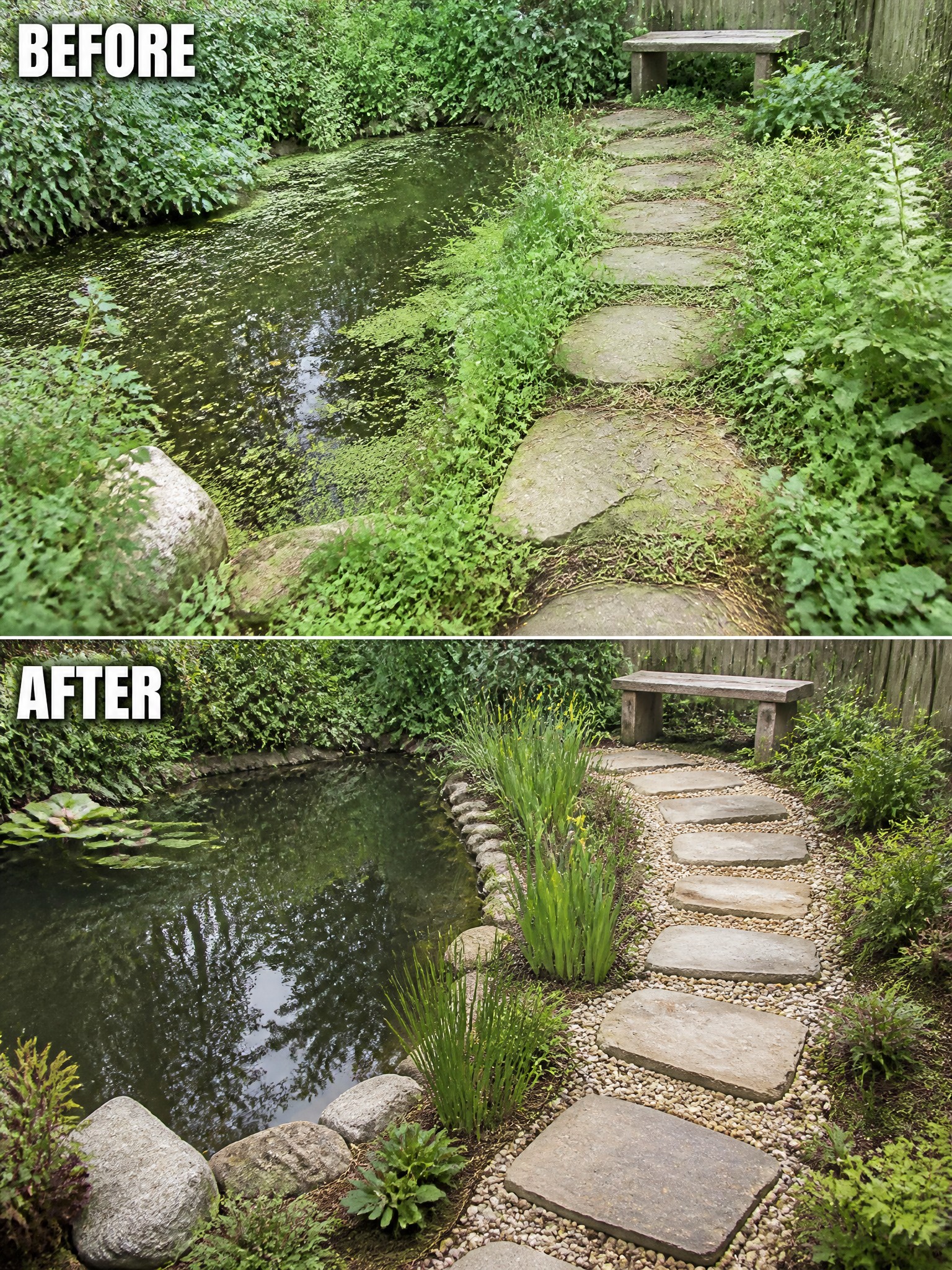 Before and after of overgrown pond transformed into landscaped garden with path and bench.