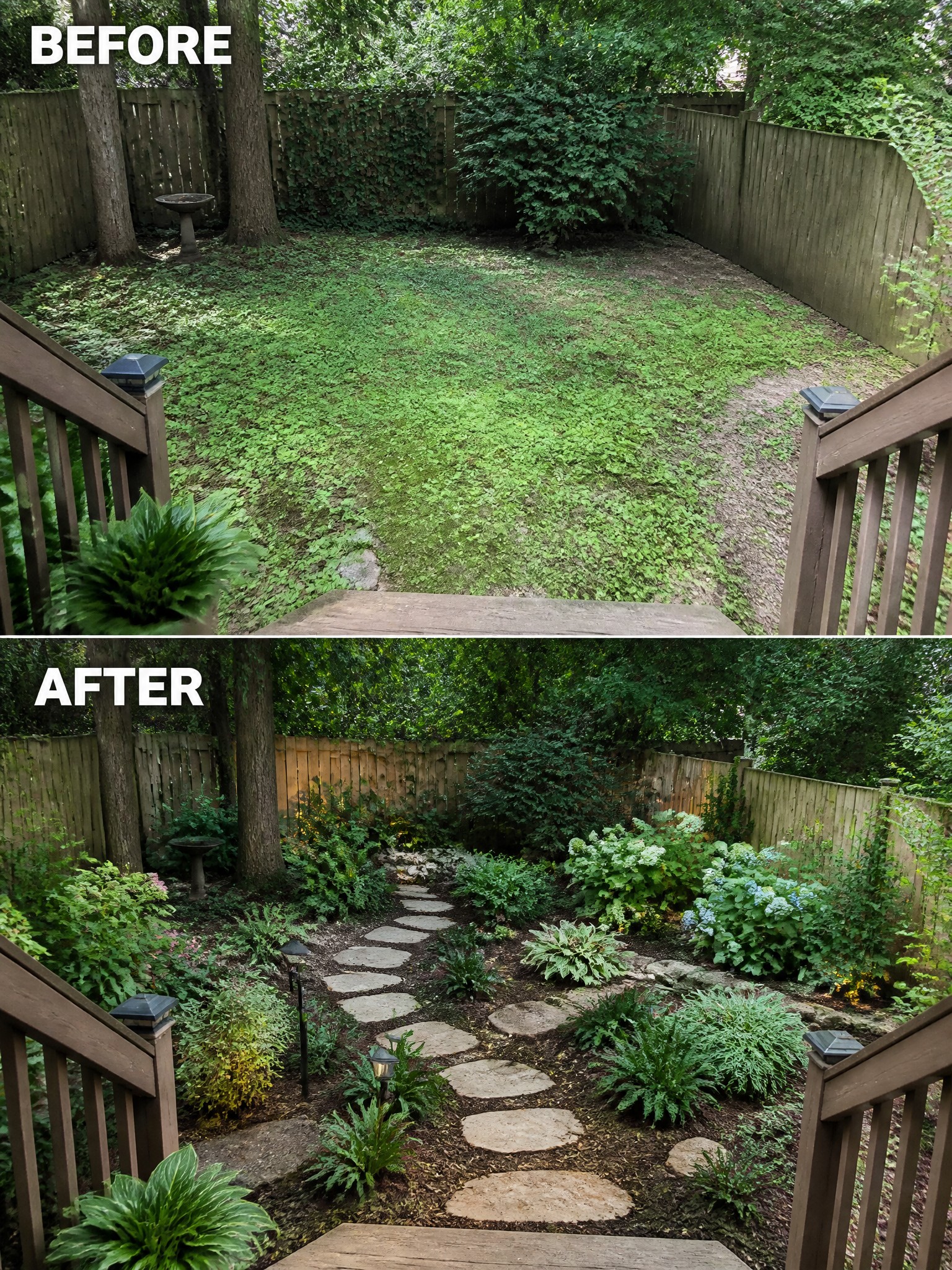 Before and after backyard transformation with stone path and lush garden plants.