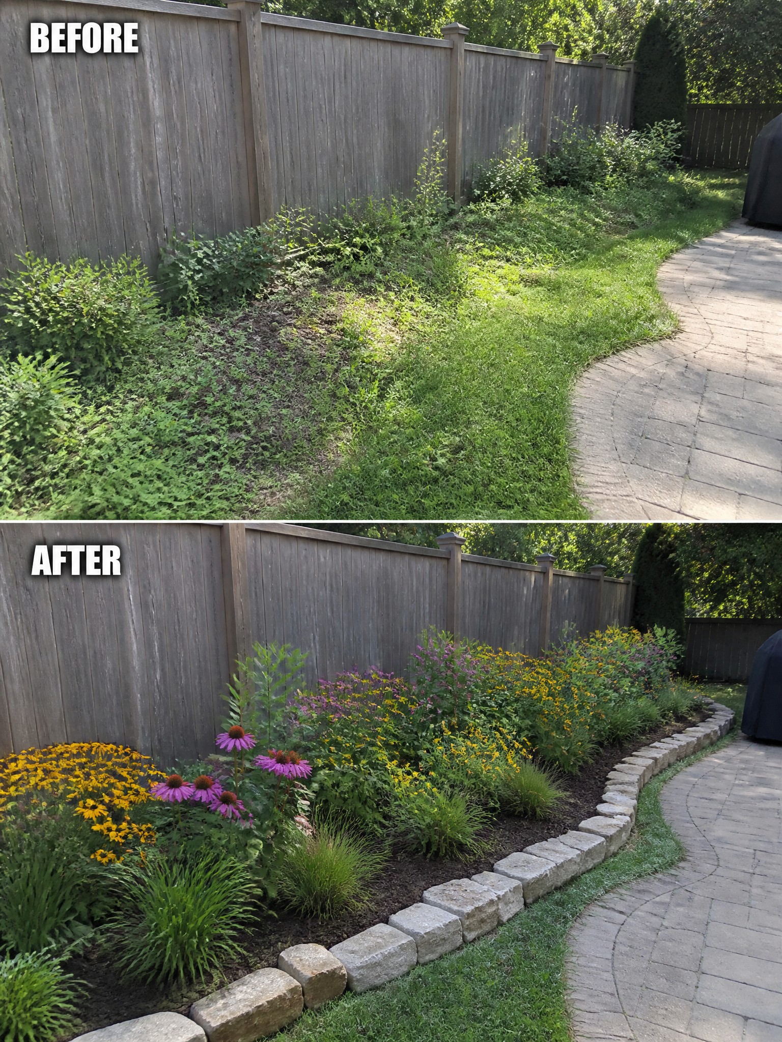 Before and after of overgrown garden transformed into colorful flower bed by fence.