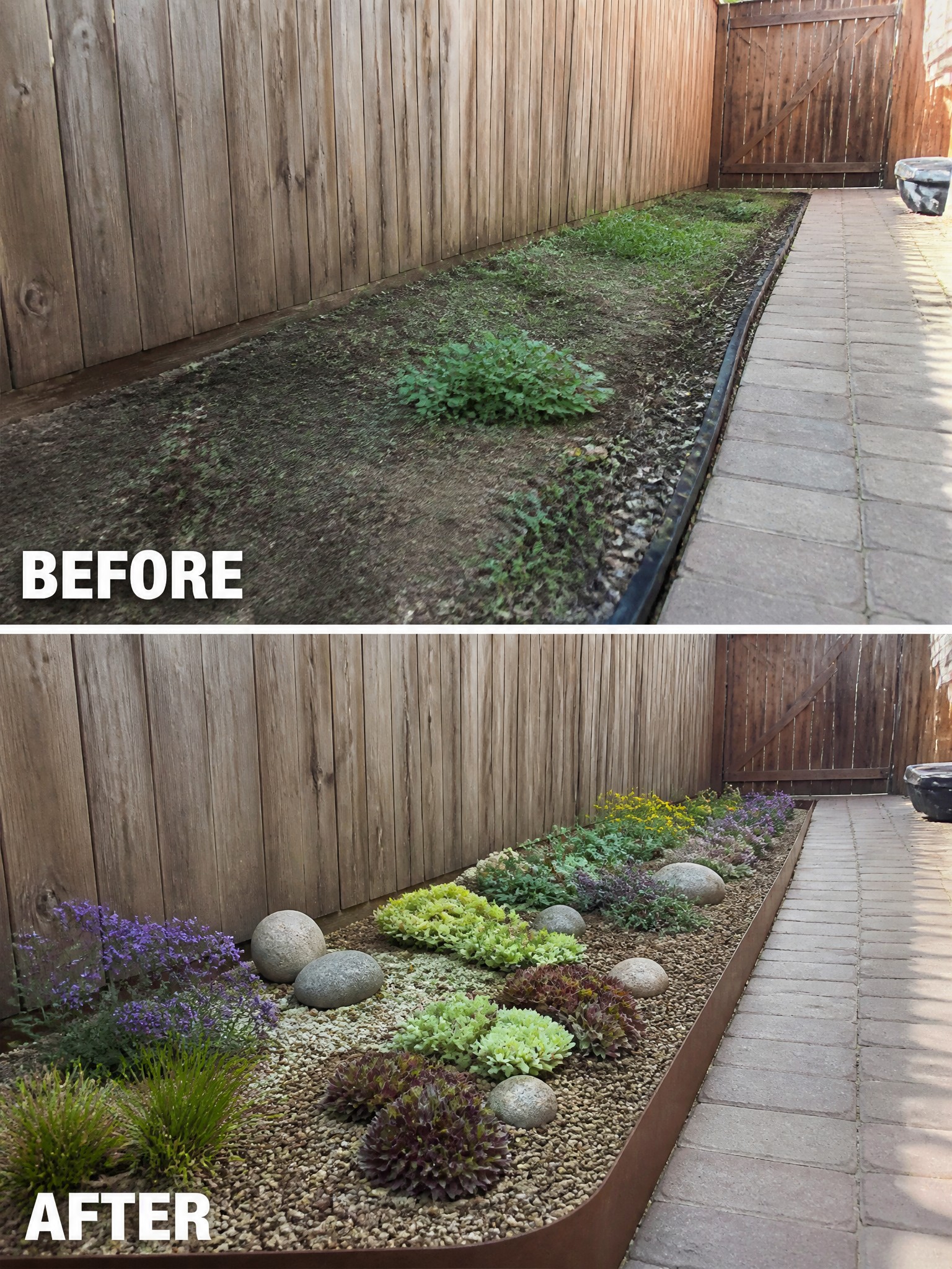 Before and after of weedy strip transformed into gravel garden with plants and rocks.