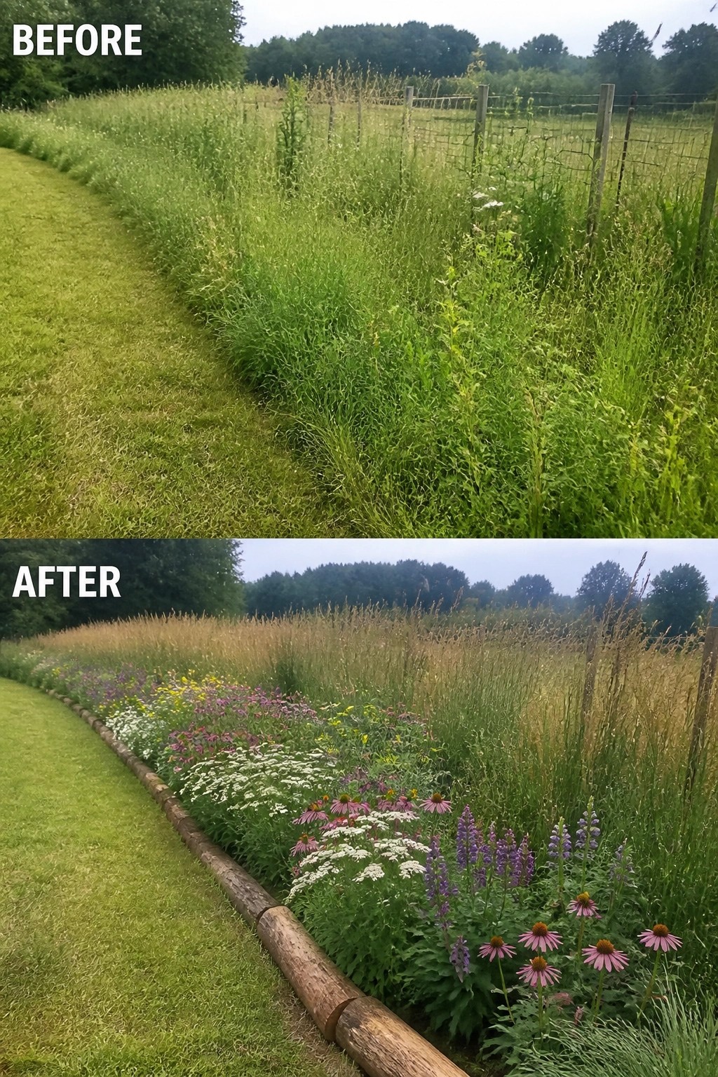 Before and after of overgrown meadow turned into colorful wildflower garden with log border