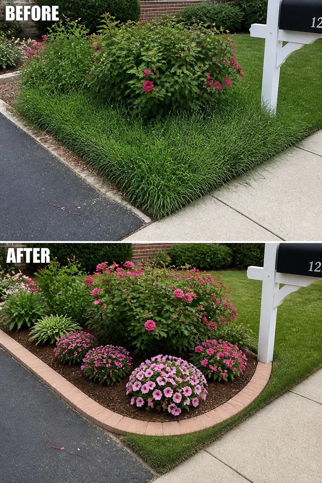 Before and after of pink rose garden bed with brick edging by mailbox.