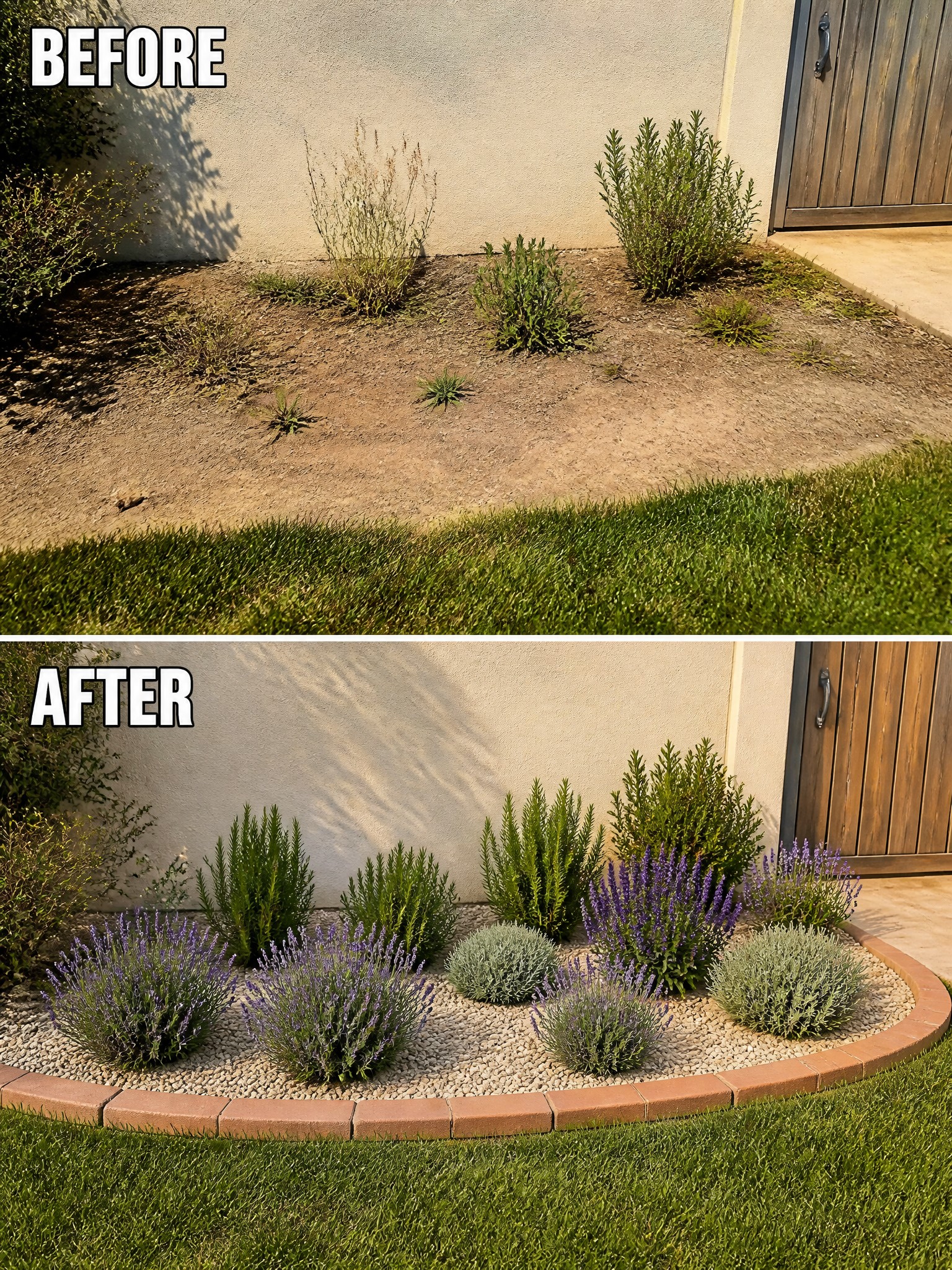 Before and after of bare dirt patch transformed into gravel garden with lavender and shrubs