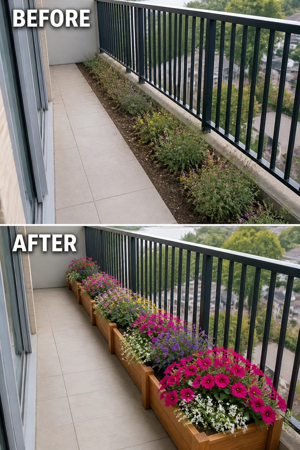 Before-and-after balcony with sparse weeds replaced by vibrant colorful flower planters in wood boxes.