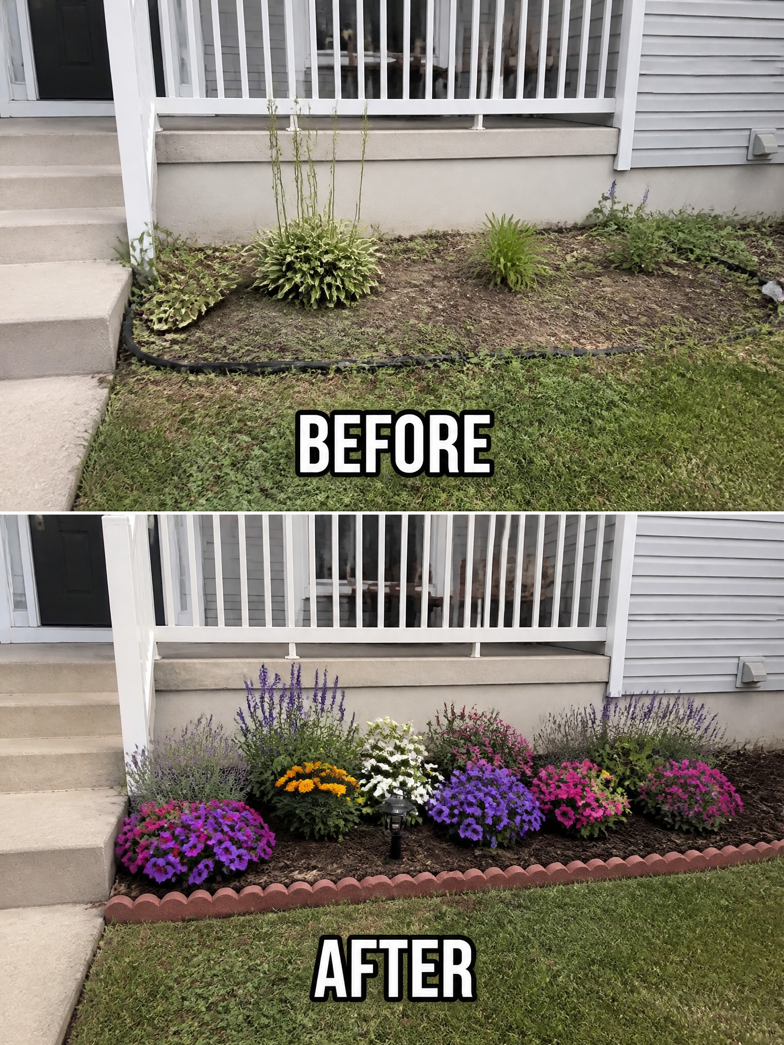 Before-and-after image of an overgrown foundation area changed into a colorful flower bed with fresh edging and mulch.