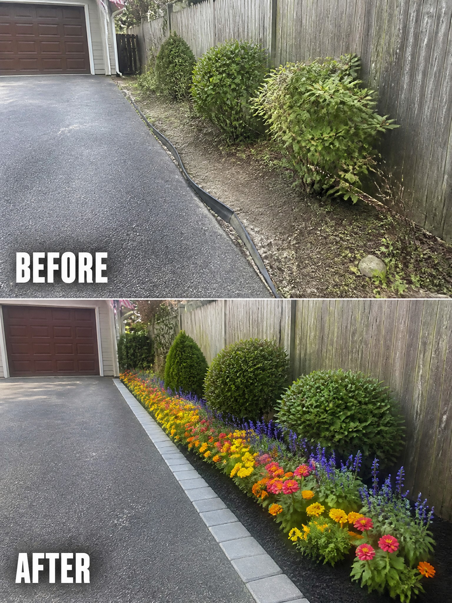 Before-and-after image of a weedy driveway border changed into a mulched flower bed with paver edging and colorful annuals.